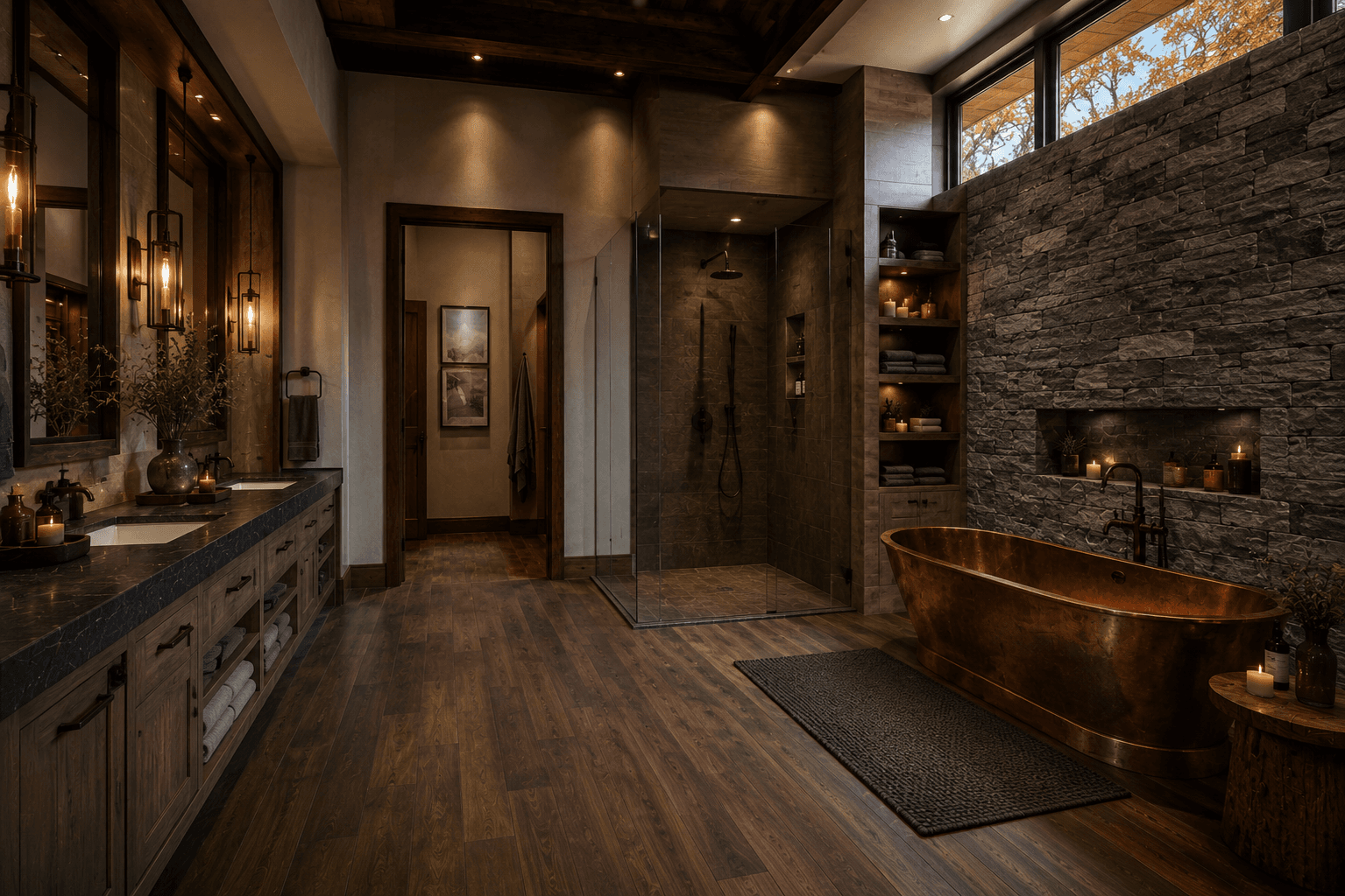 A Moody Bathroom with a Copper Tub and Stacked Stone Wall