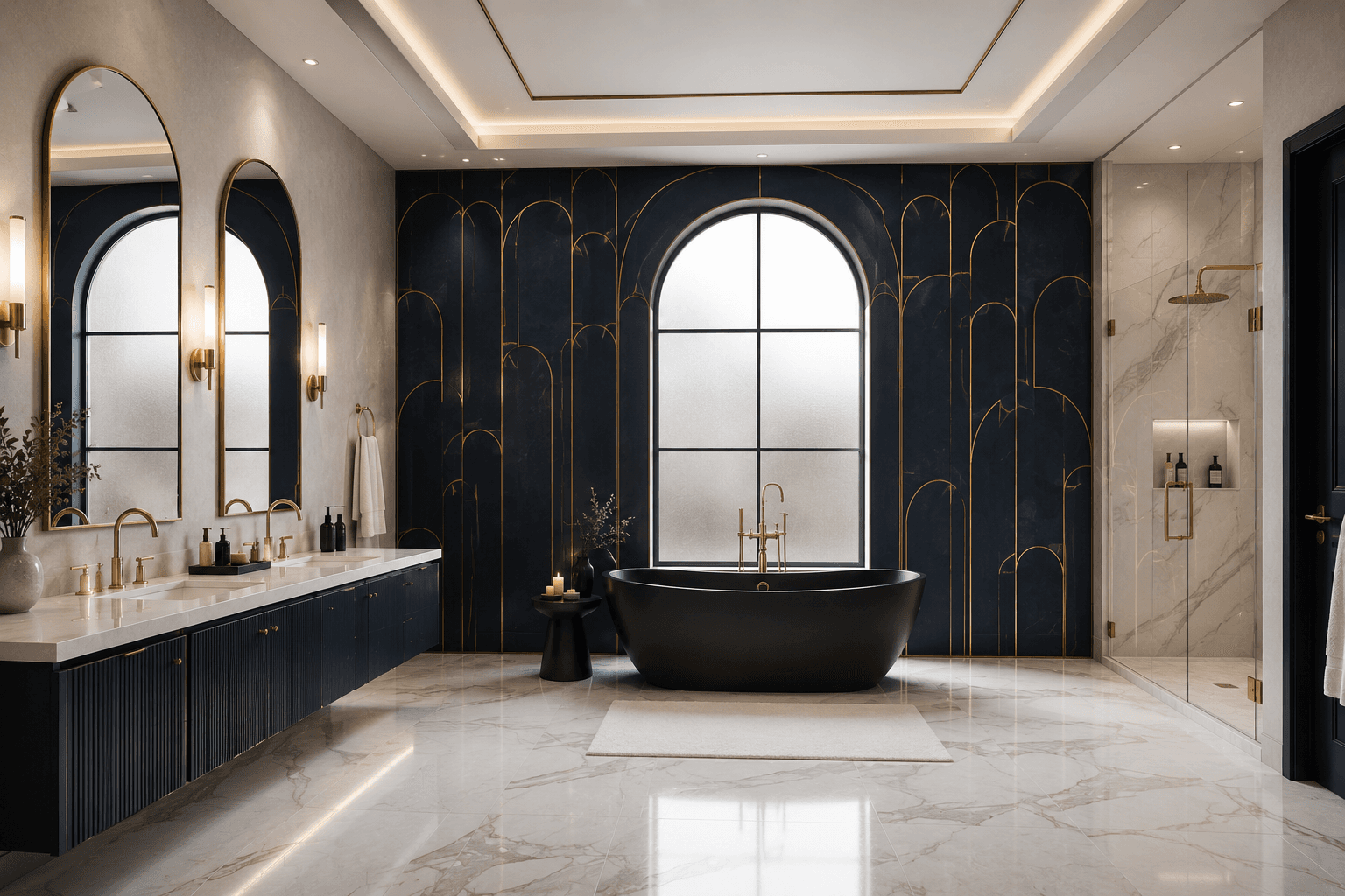 A Neo Deco Bathroom with a Black Tub and Gold Arch Wall