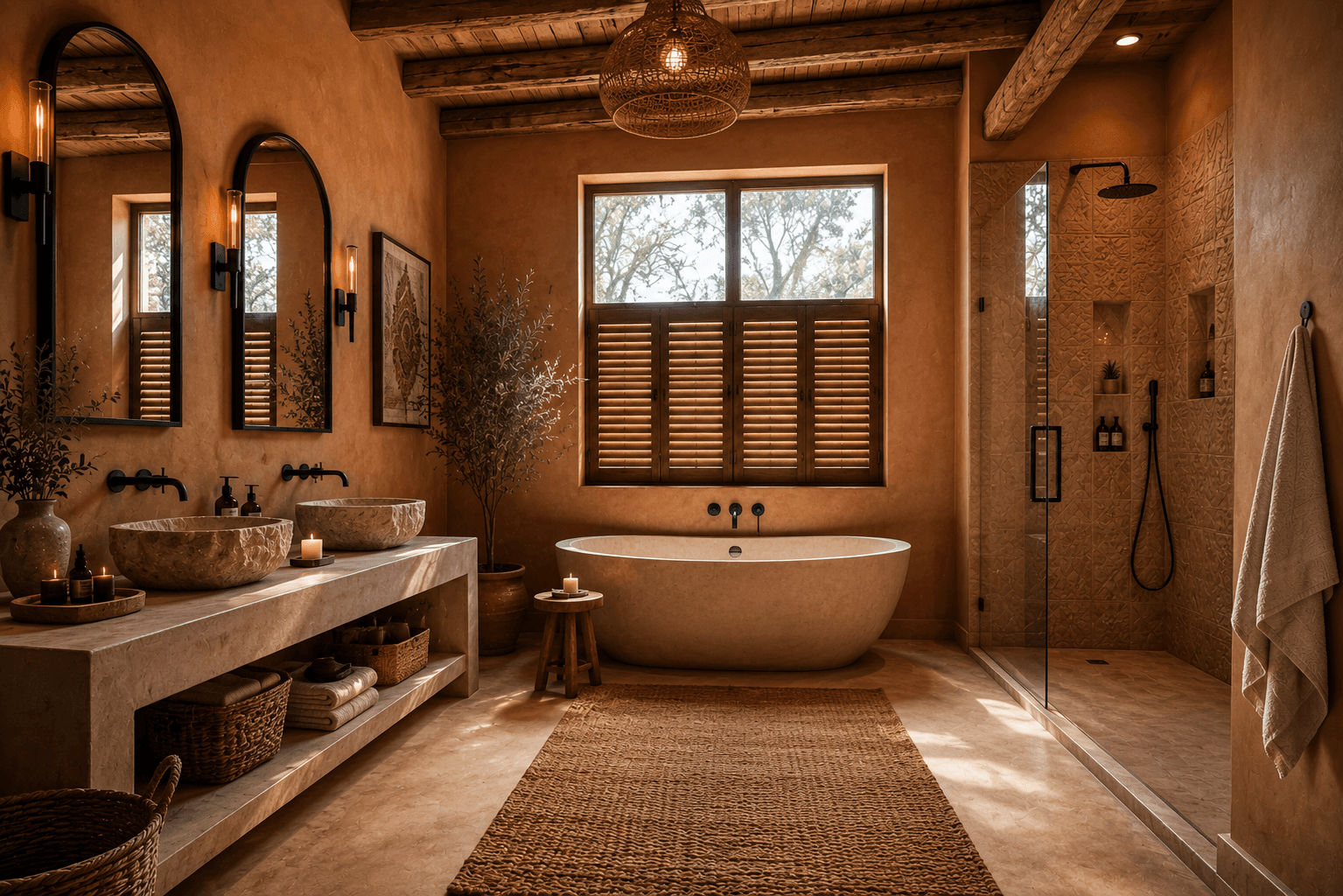 A Rustic Adobe Bathroom with a Stone Tub and Wooden Shutters