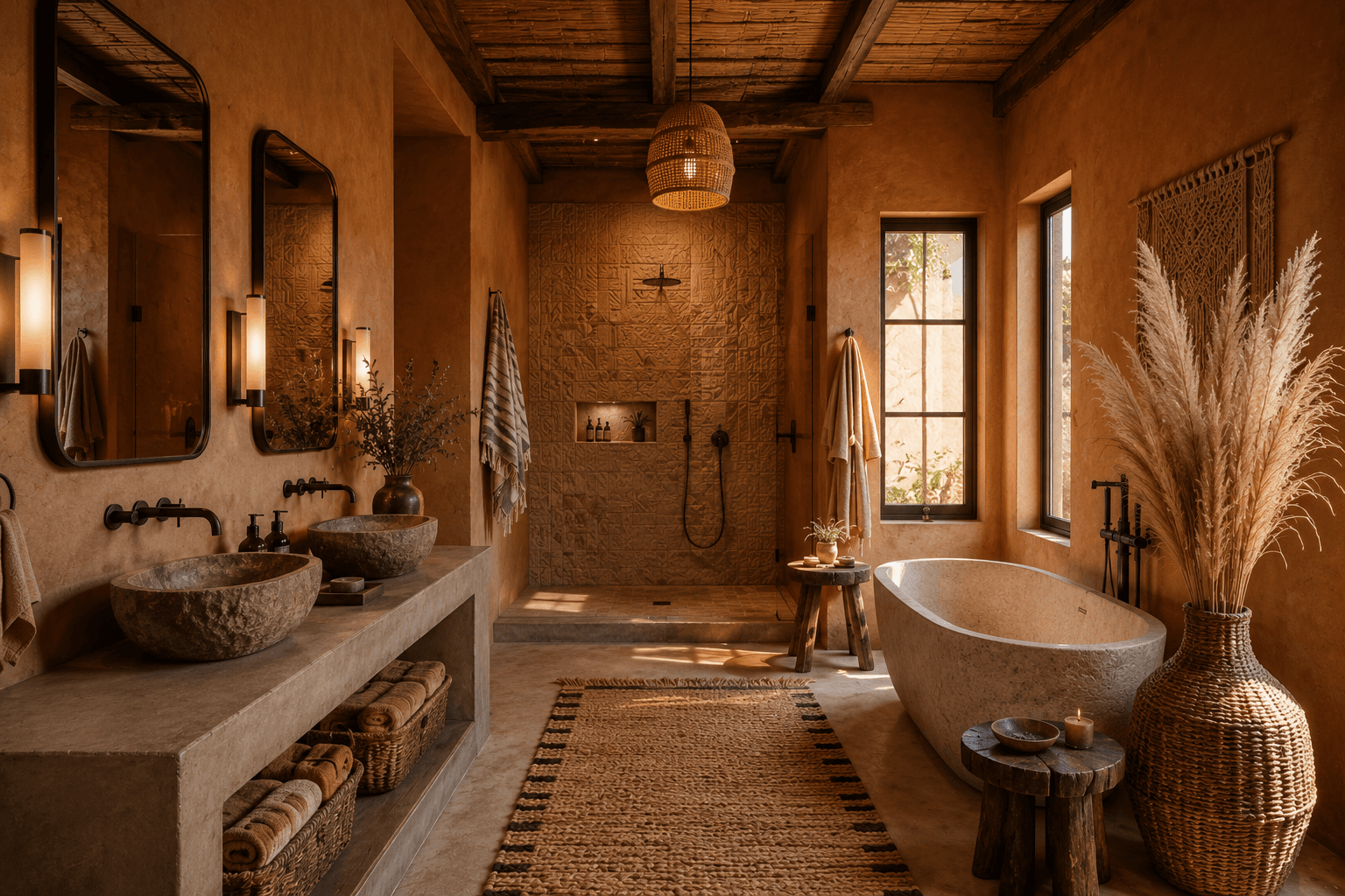A Terracotta Moroccan Bathroom with Stone Vessel Sinks