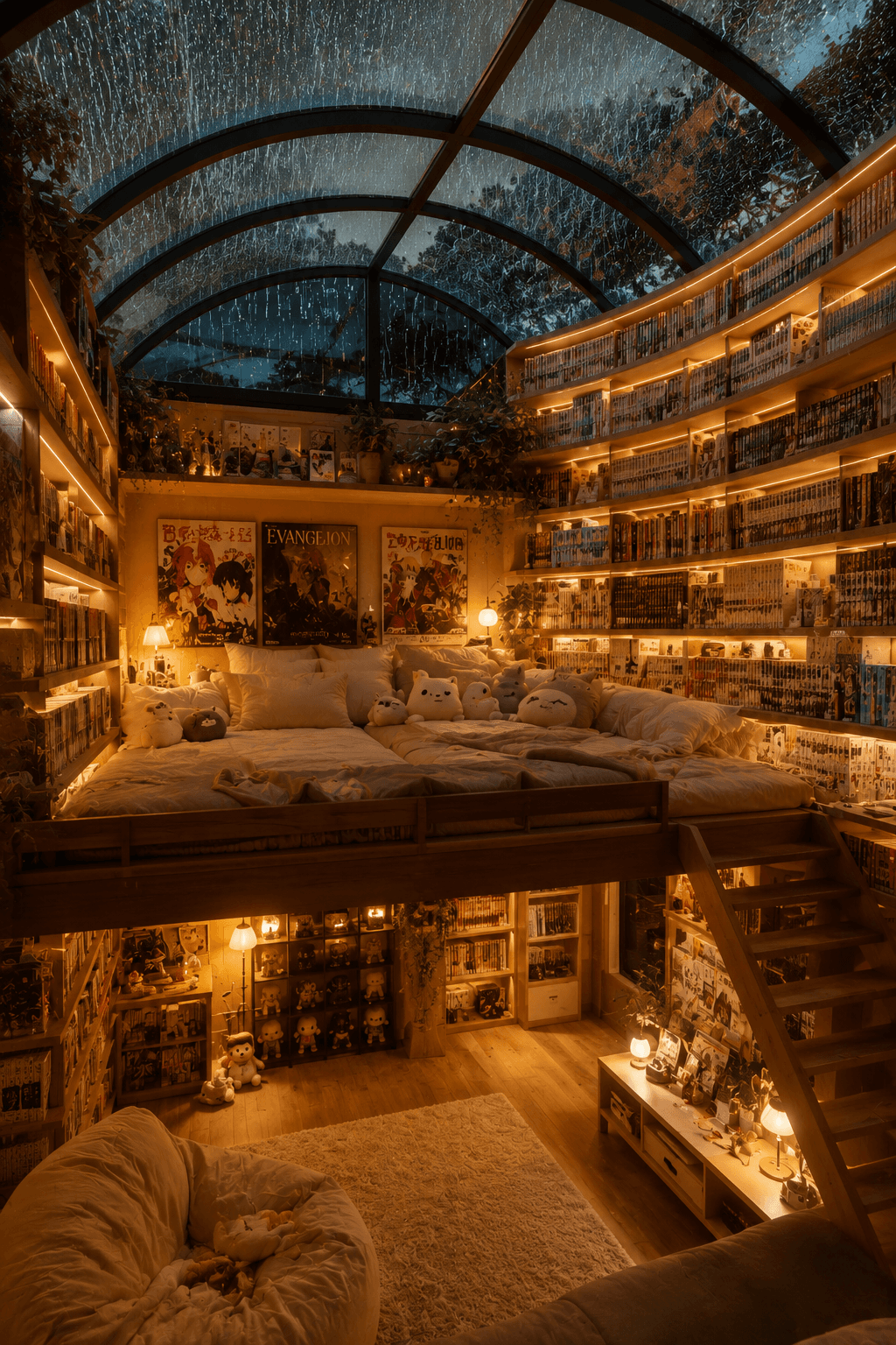 An Anime Library Loft Bedroom Built for Rainy Nights
