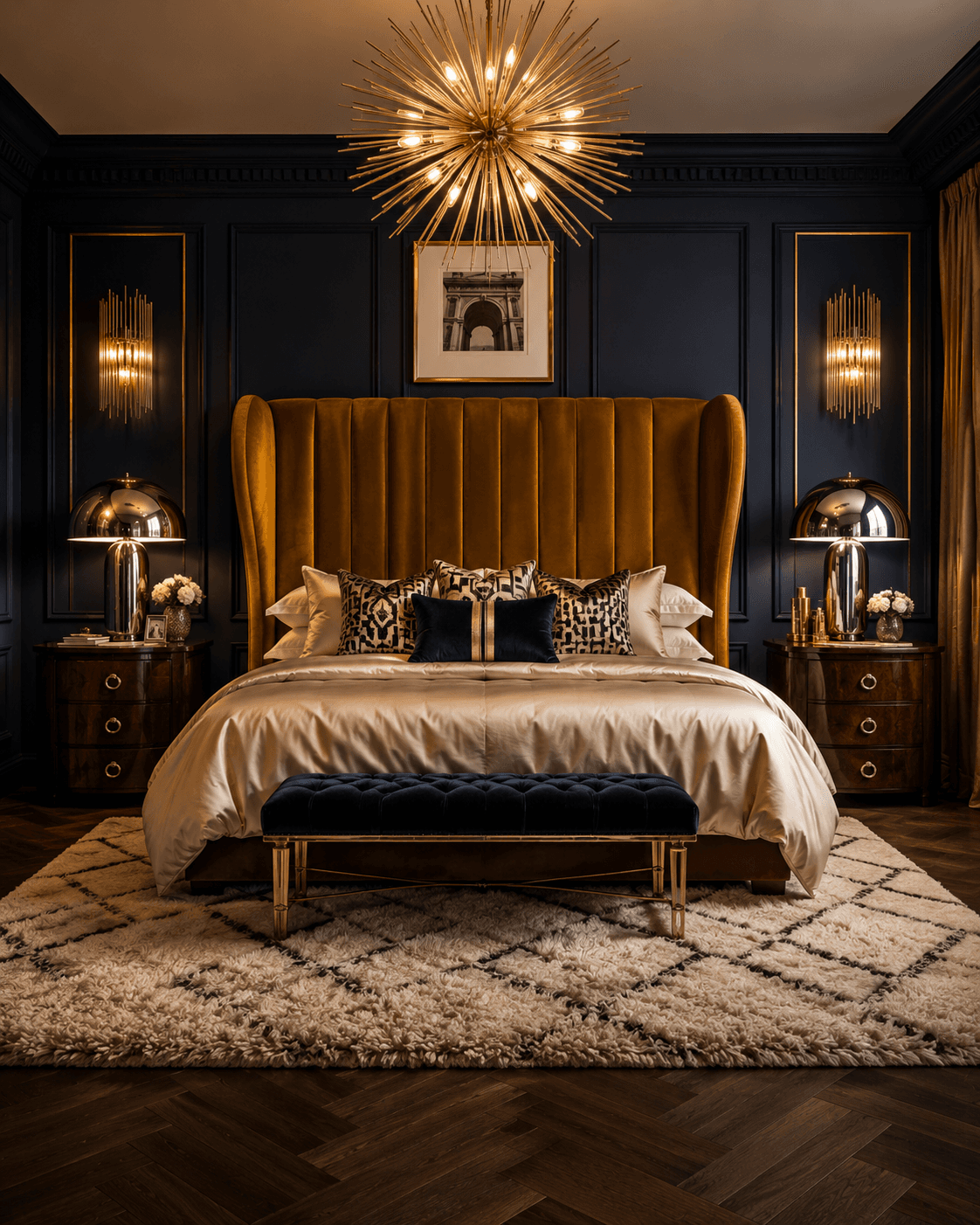 An Art Deco Bedroom in Navy, Gold and Mustard Velvet