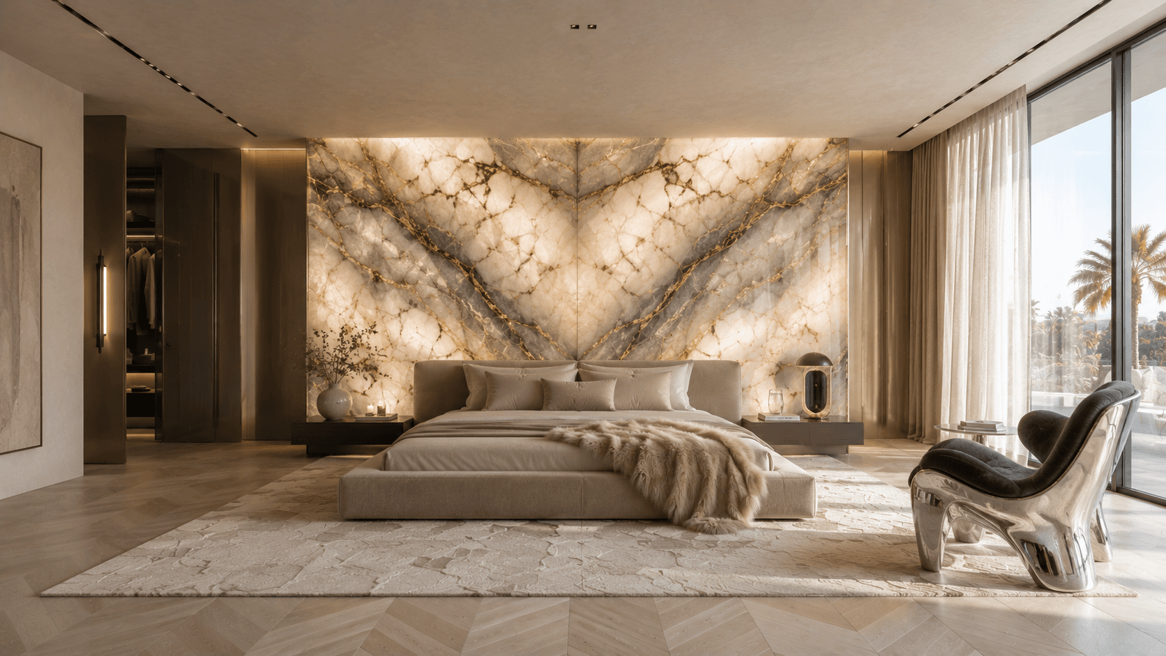 A Backlit Book-Matched Stone Wall Behind the Bed
