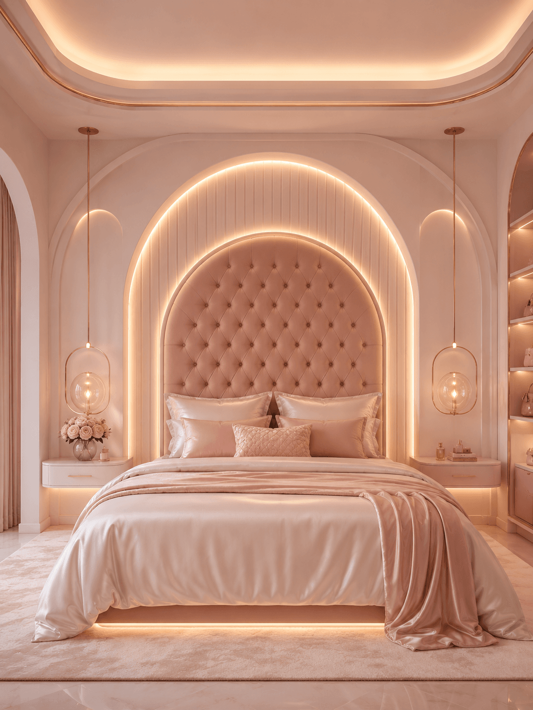 A Blush Pink Bedroom with a Backlit Arched Headboard