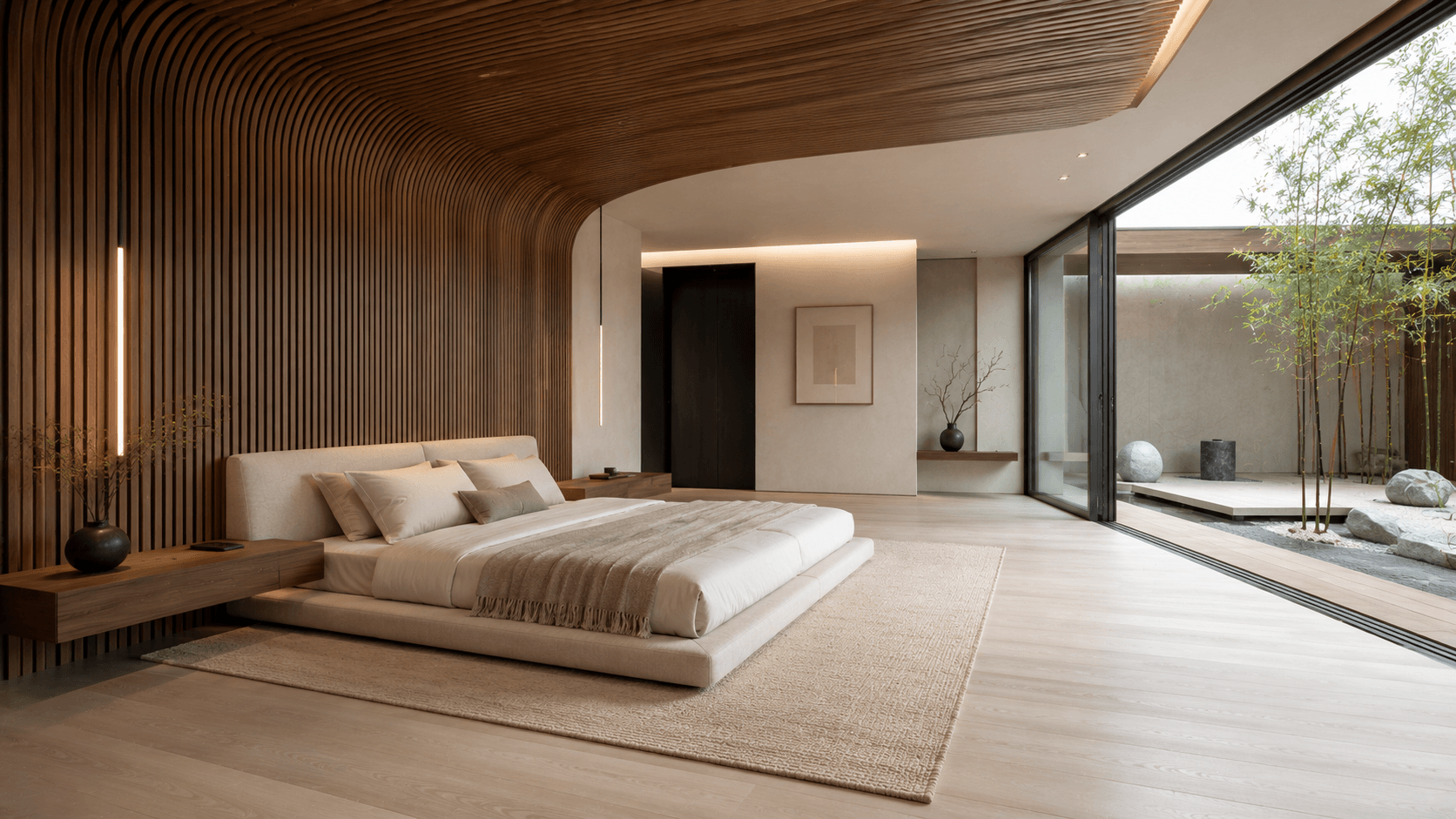 A Curved Slat Canopy Bedroom Opening to a Bamboo Court