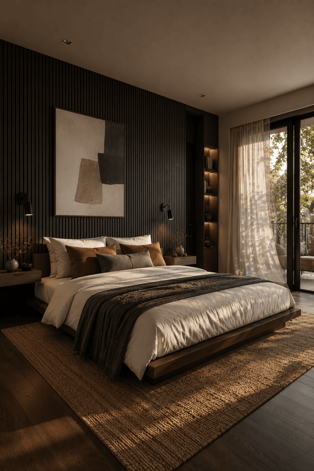 A Dark Slat-Wall Bedroom Warmed by Rust and Olive