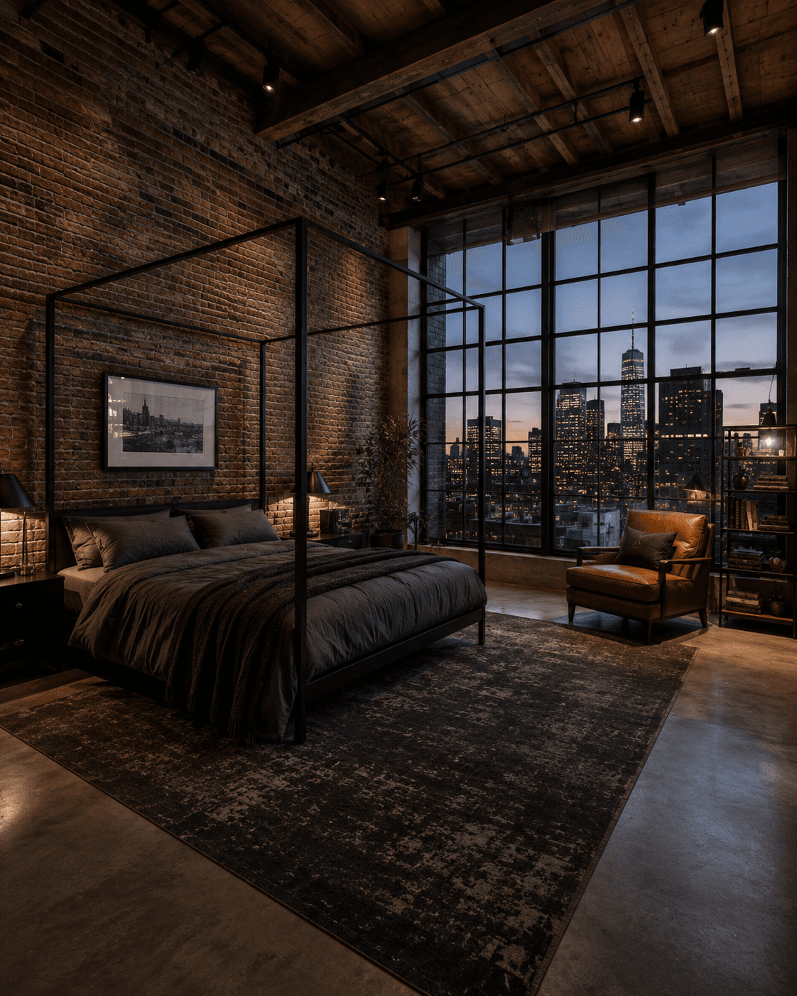 An Industrial Loft Bedroom in Brick, Steel and Leather