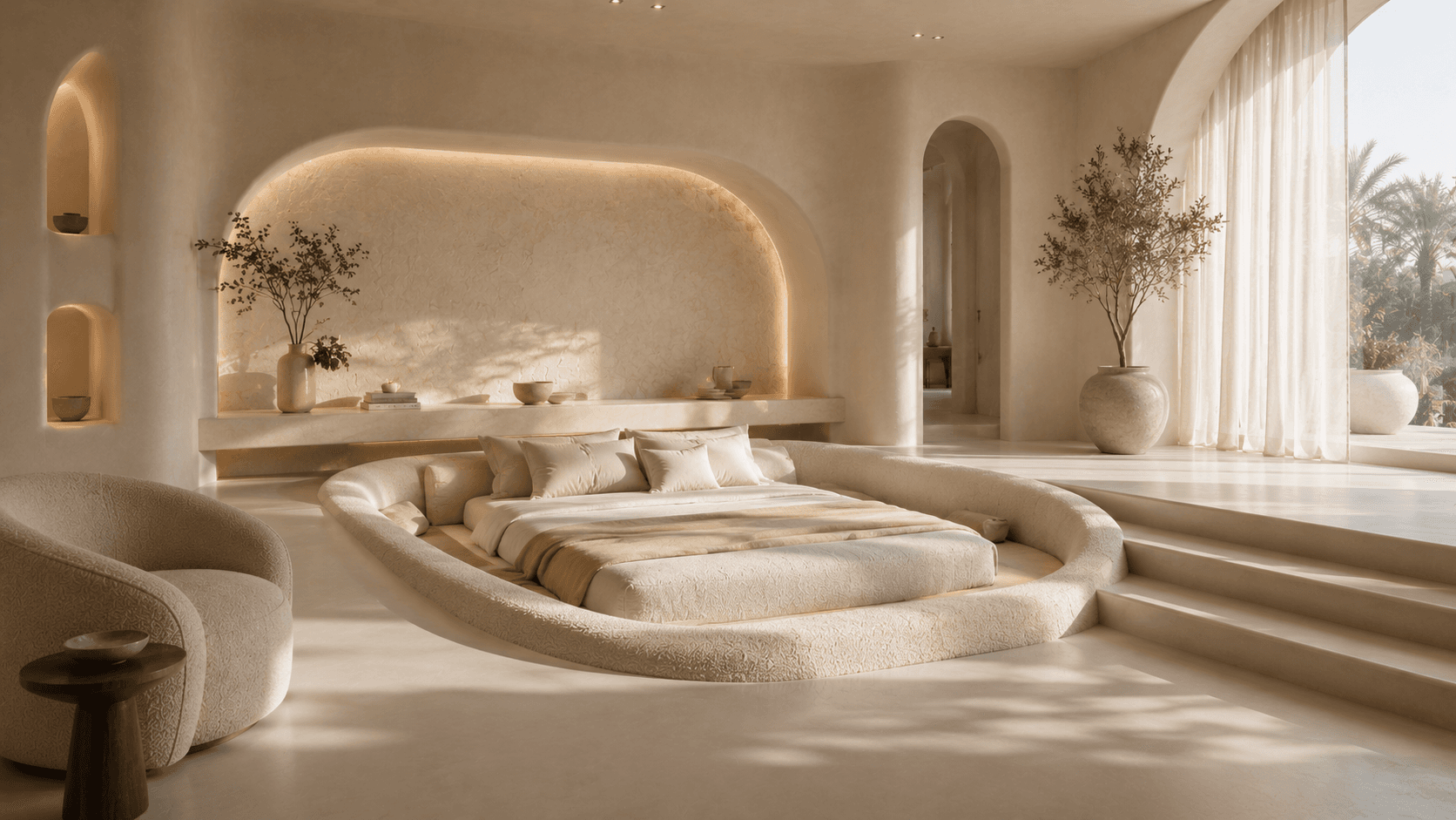 A Sunken Boucle Bed Cocoon Under a Glowing Arch