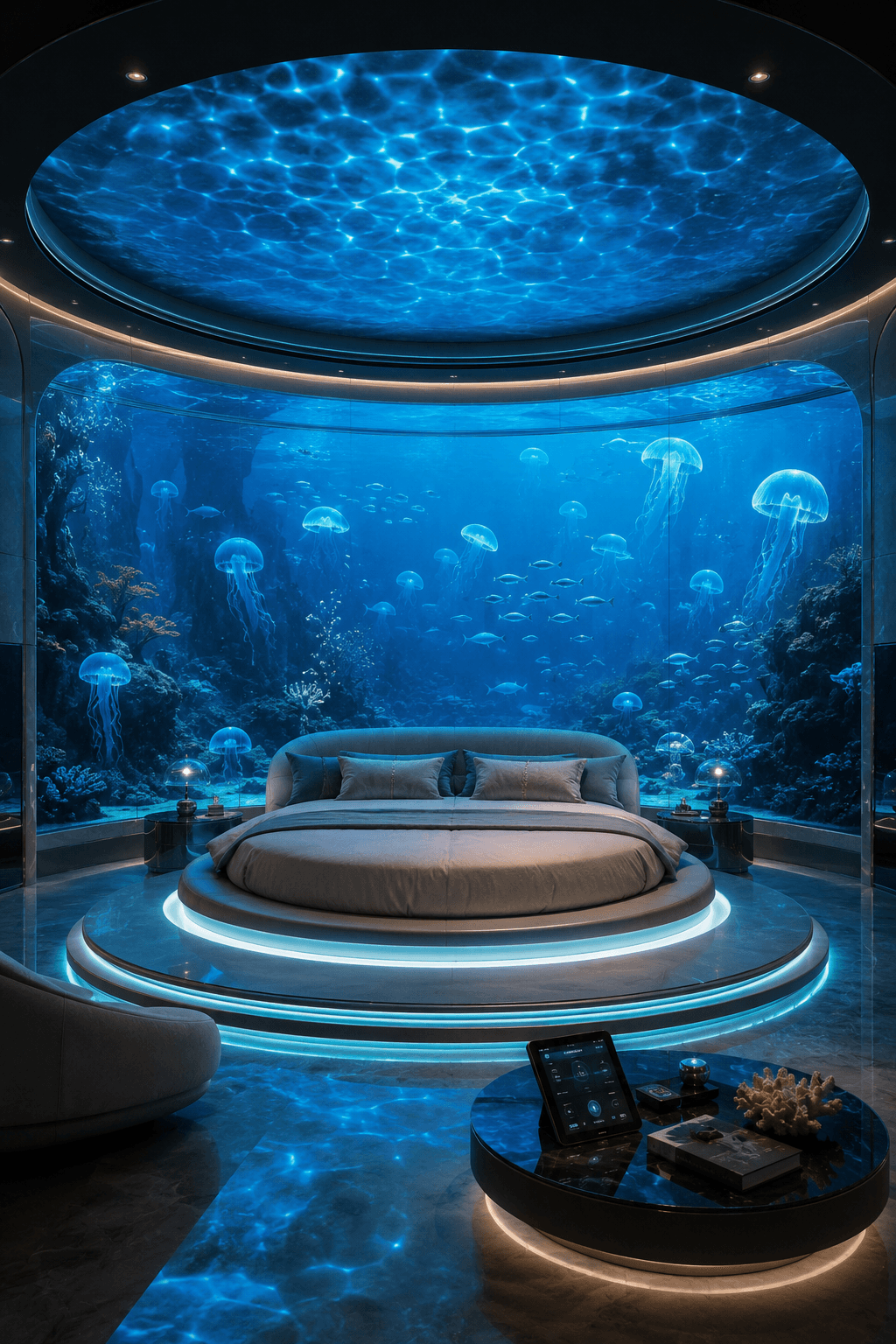 An Underwater Bedroom Wrapped in Living Aquarium Walls