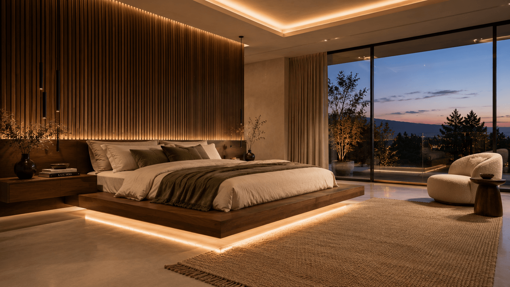 A Floating Walnut Bed Against a Backlit Slat Wall at Dusk