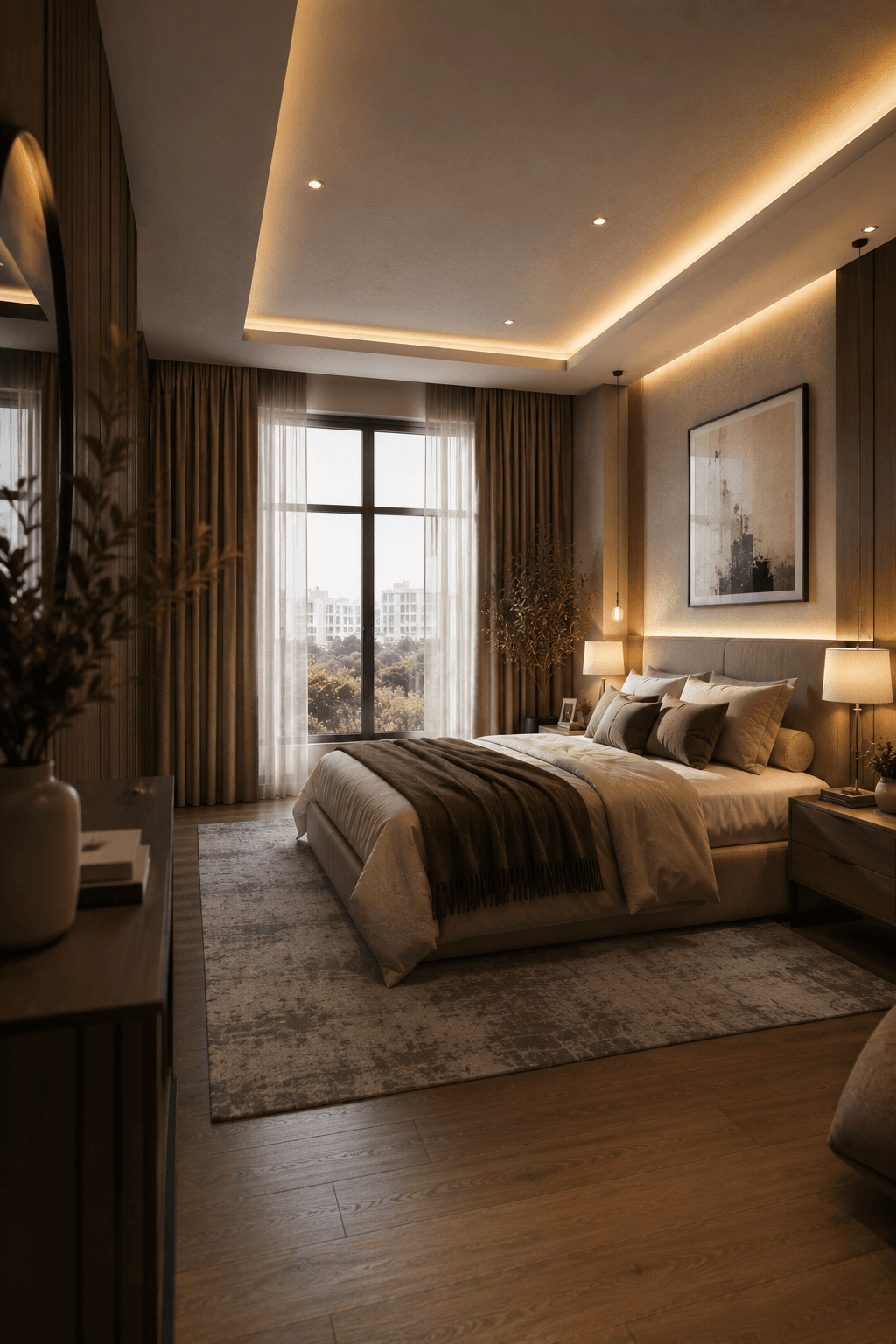 A Warm Modern Bedroom Wrapped in Cove Lighting