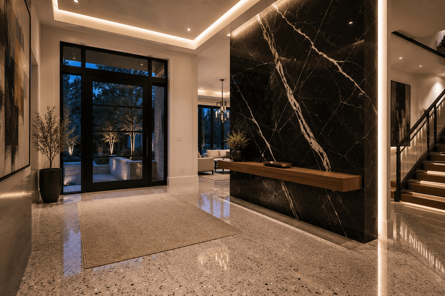 A Black Marble Foyer with a Floating Walnut Ledge