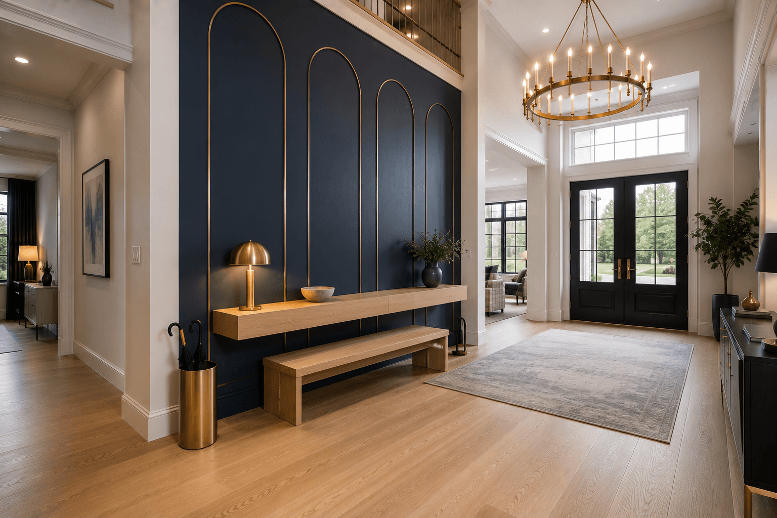 A Grand Navy Foyer with Brass Arches and an Oak Bench