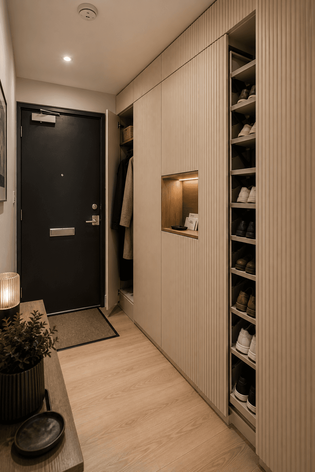 A Small Fluted Entryway with a Pull-Out Shoe Tower