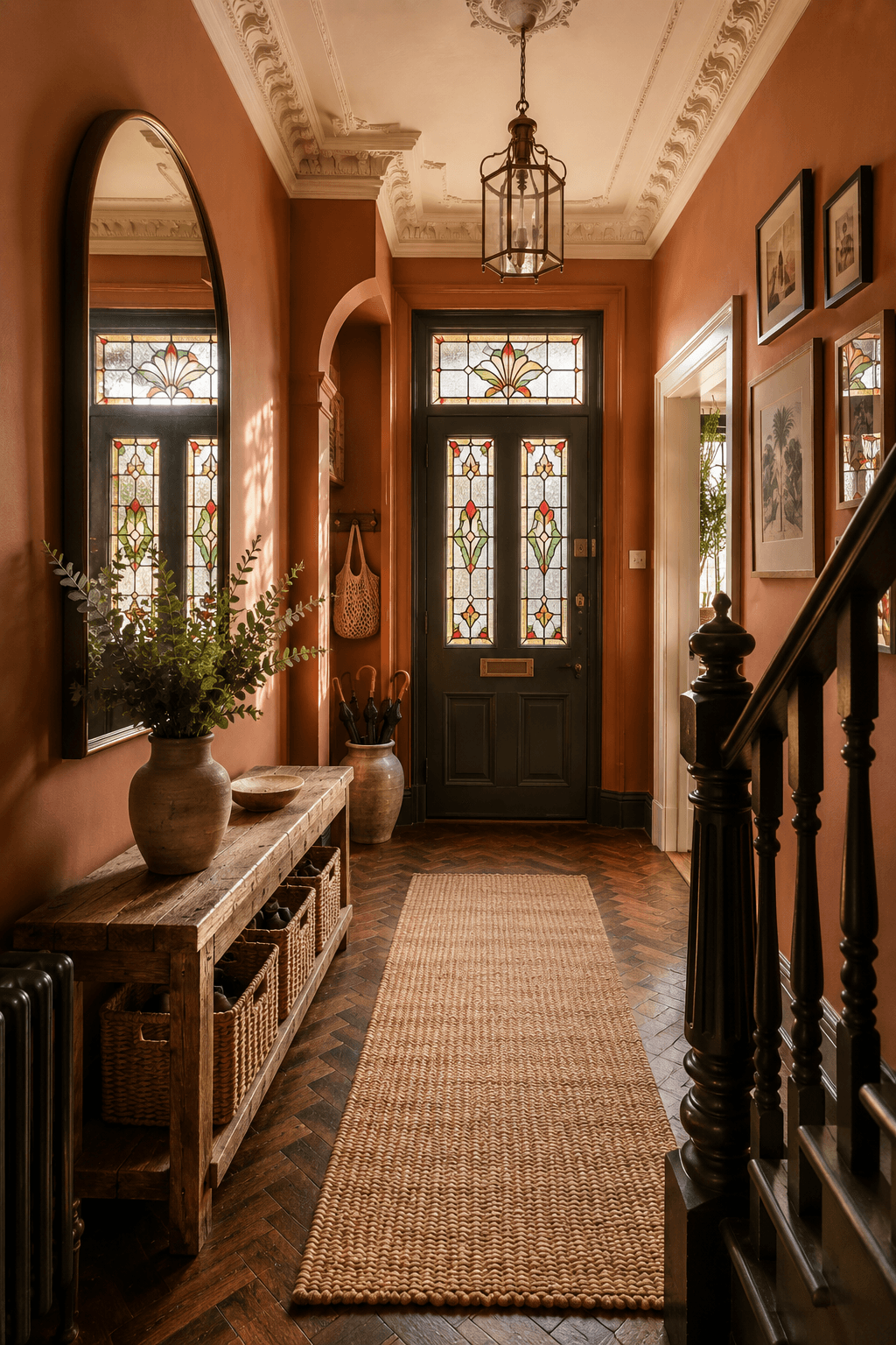 A Terracotta Victorian Hallway with Parquet and a Rustic Console