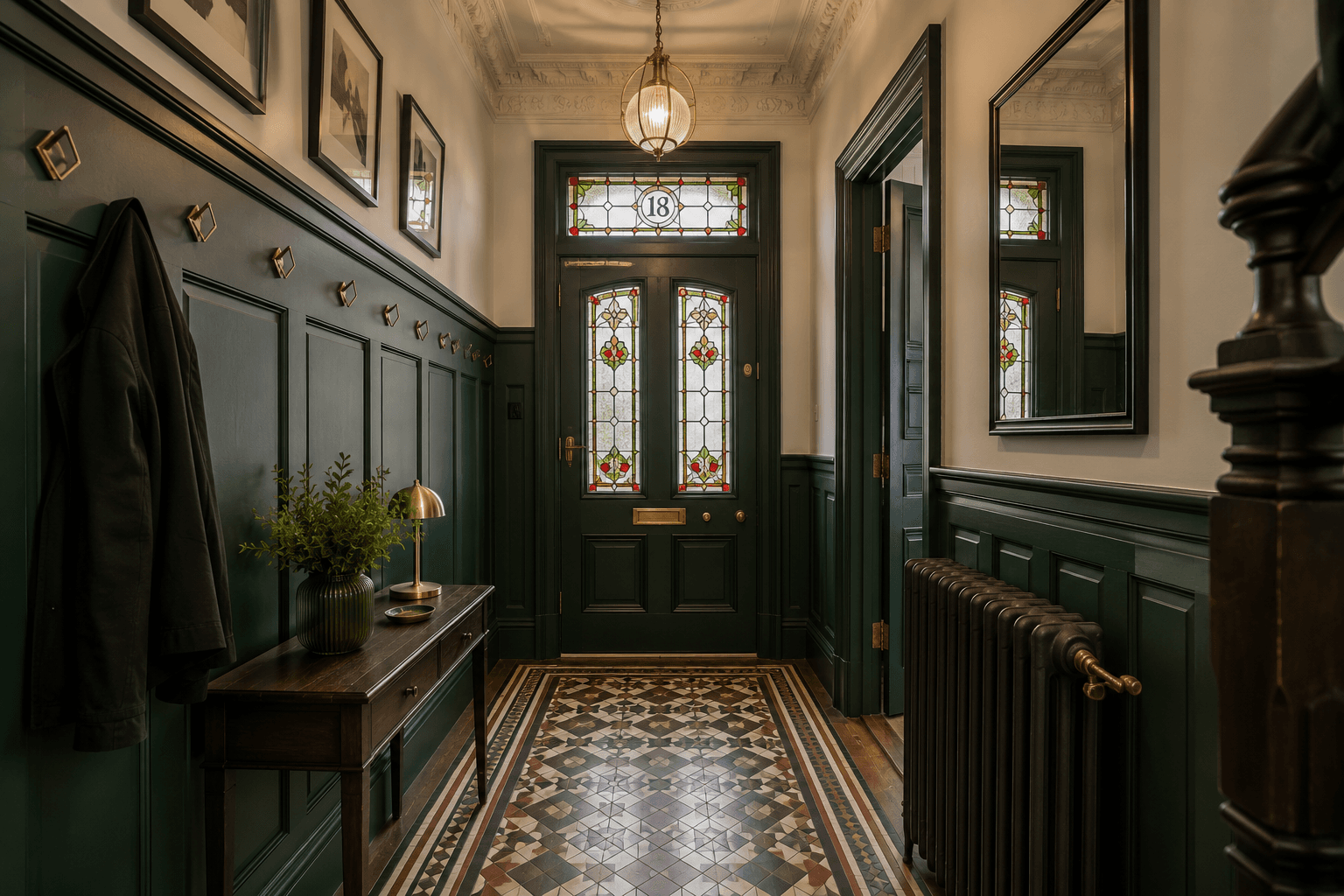 A Victorian Green Hallway with Stained Glass and Brass Hooks