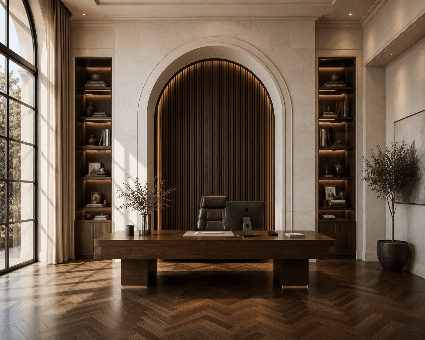 A Grand Arched Walnut Office with Herringbone Parquet