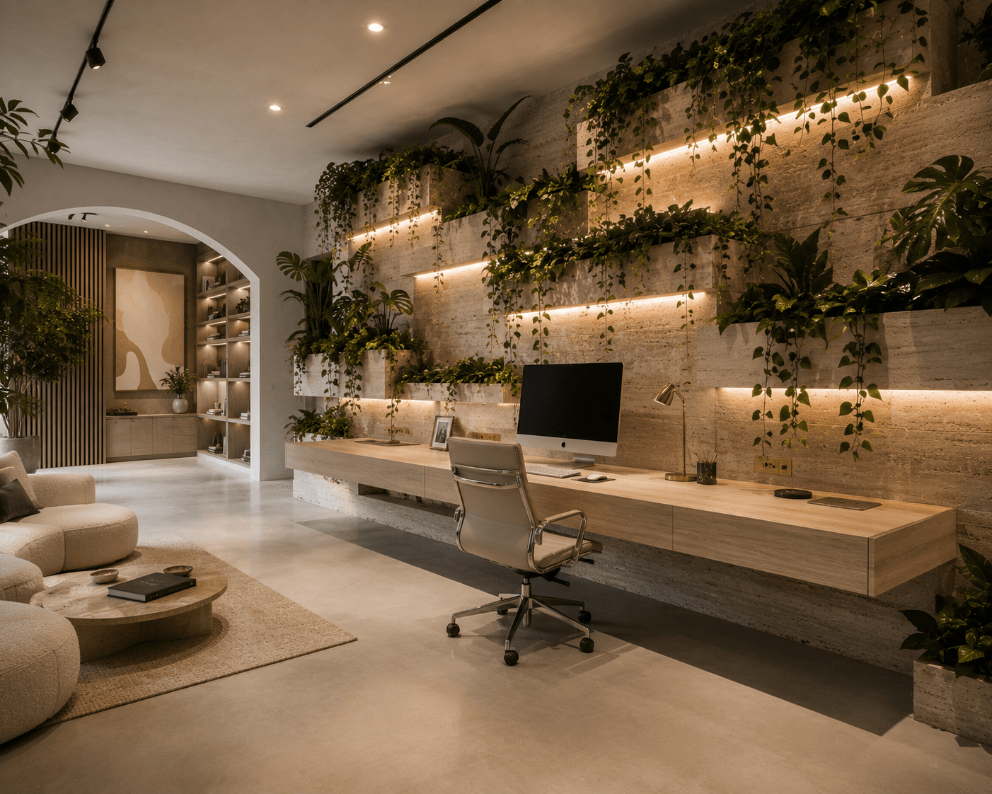 A Biophilic Home Office with a Living Travertine Plant Wall
