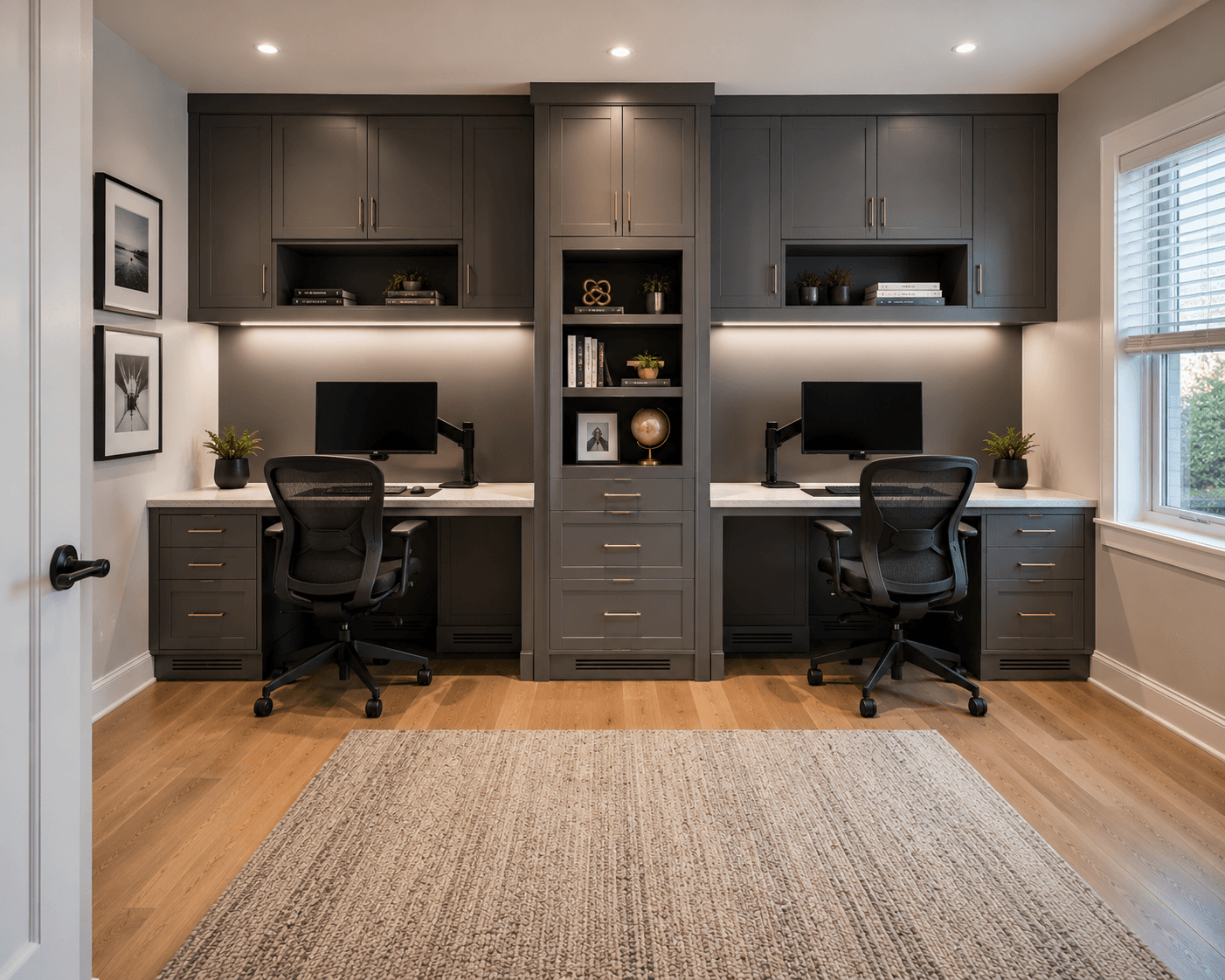 A Dual-Desk Home Office with Charcoal Built-Ins