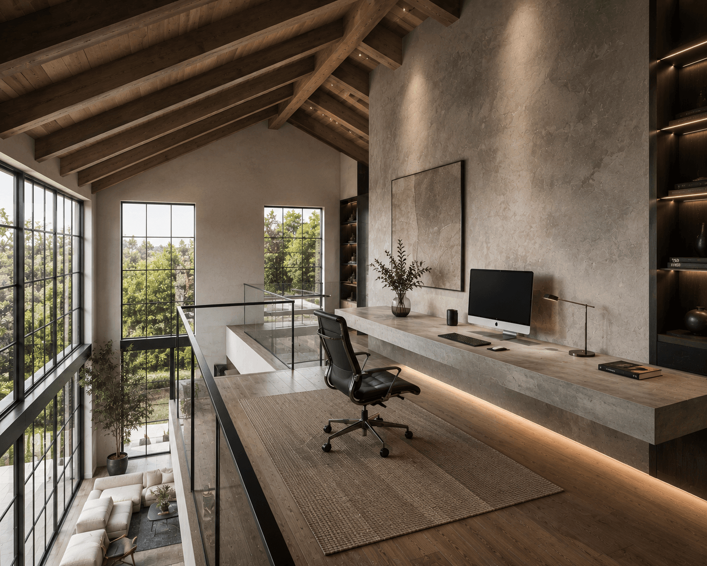A Mezzanine Loft Office with a Floating Stone Desk