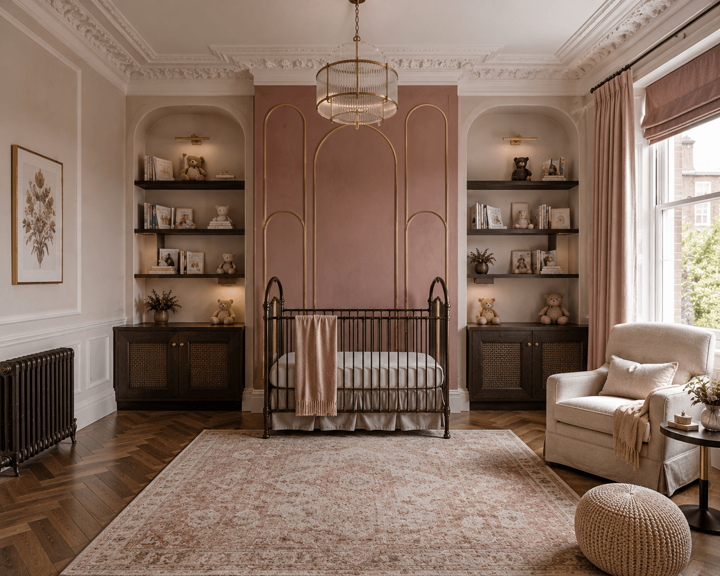A Blush Victorian Nursery with Brass Arches and an Iron Crib