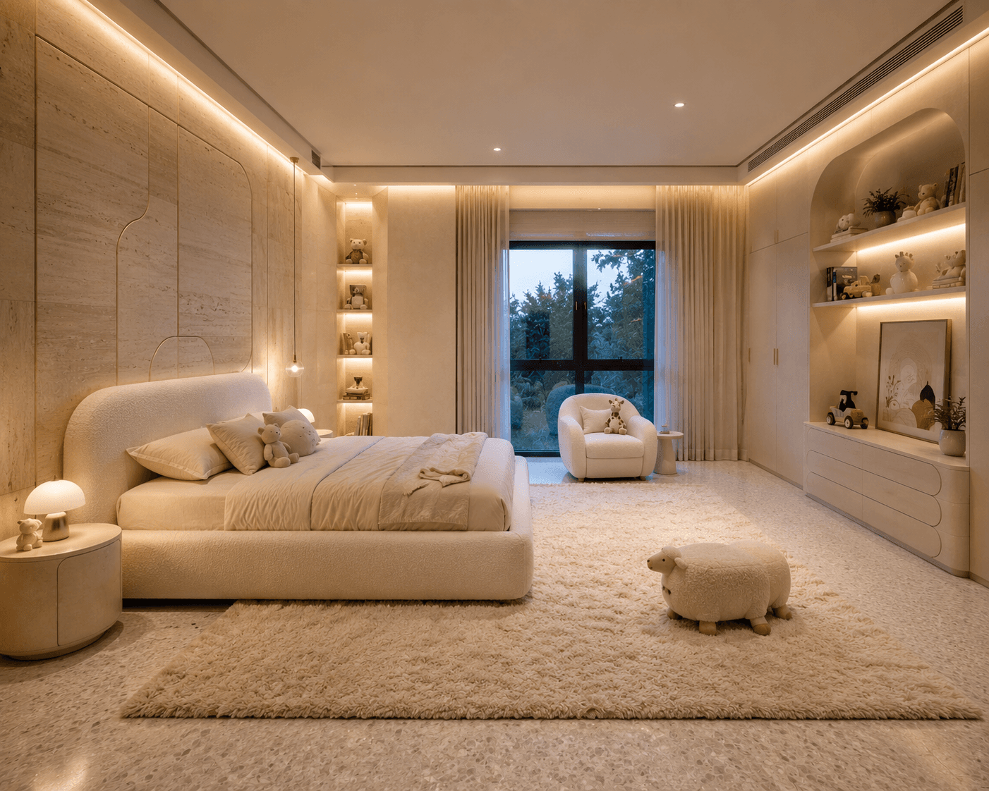 A Serene Cream Kids Bedroom in Boucle and Travertine