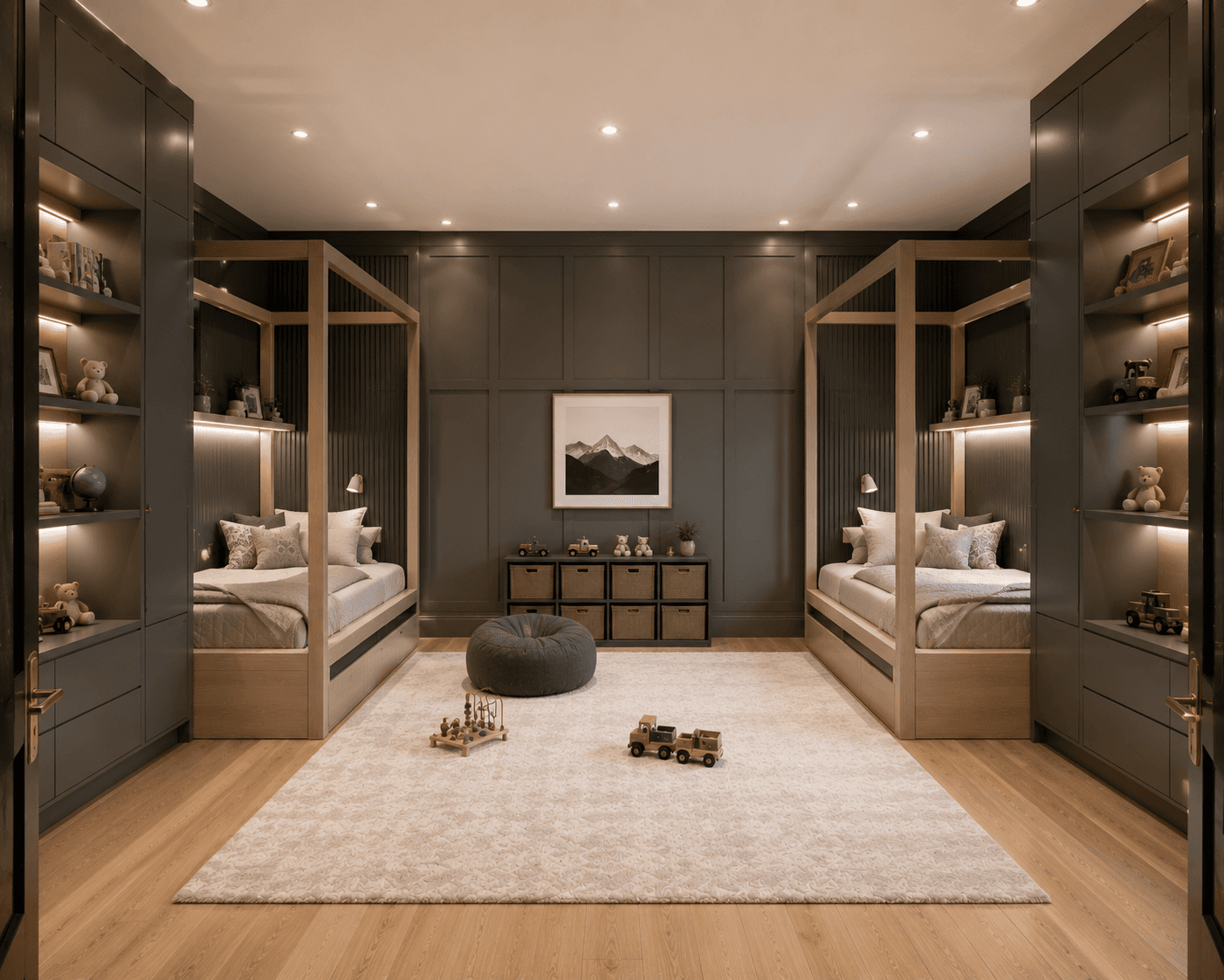 A Shared Kids Room with Twin Canopy Beds and Charcoal Panelling