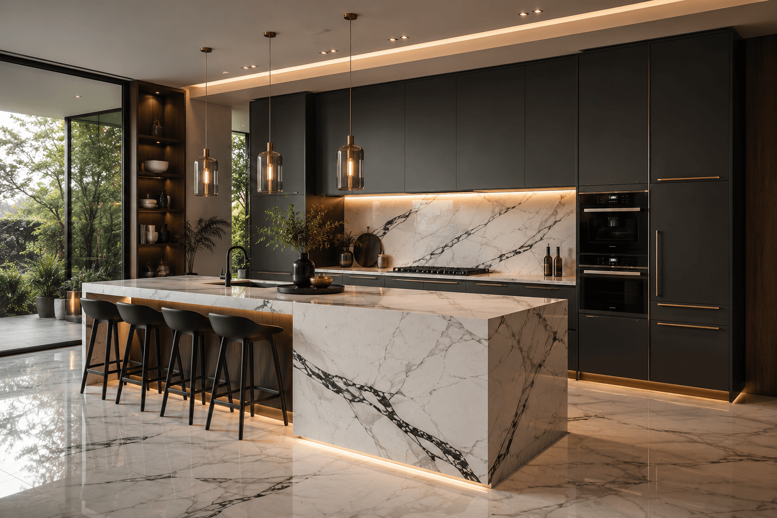 A Black Kitchen with a Dramatic Marble Island and Brass Pendants
