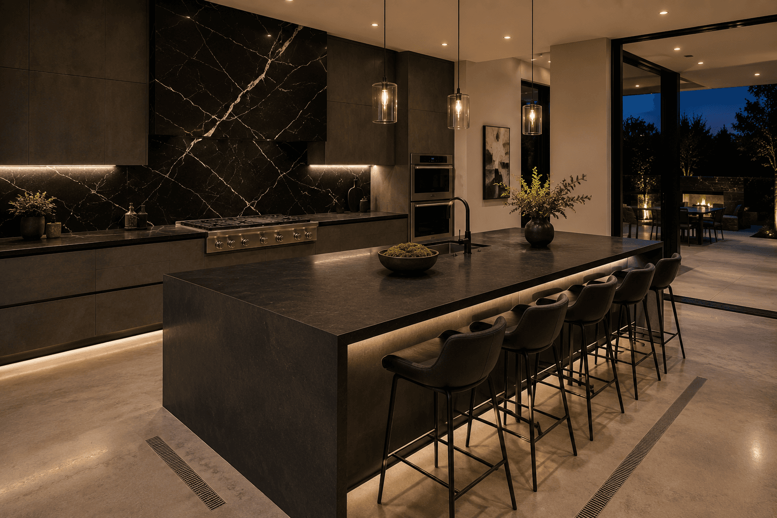 A Charcoal Noir Kitchen with an Underlit Stone Island