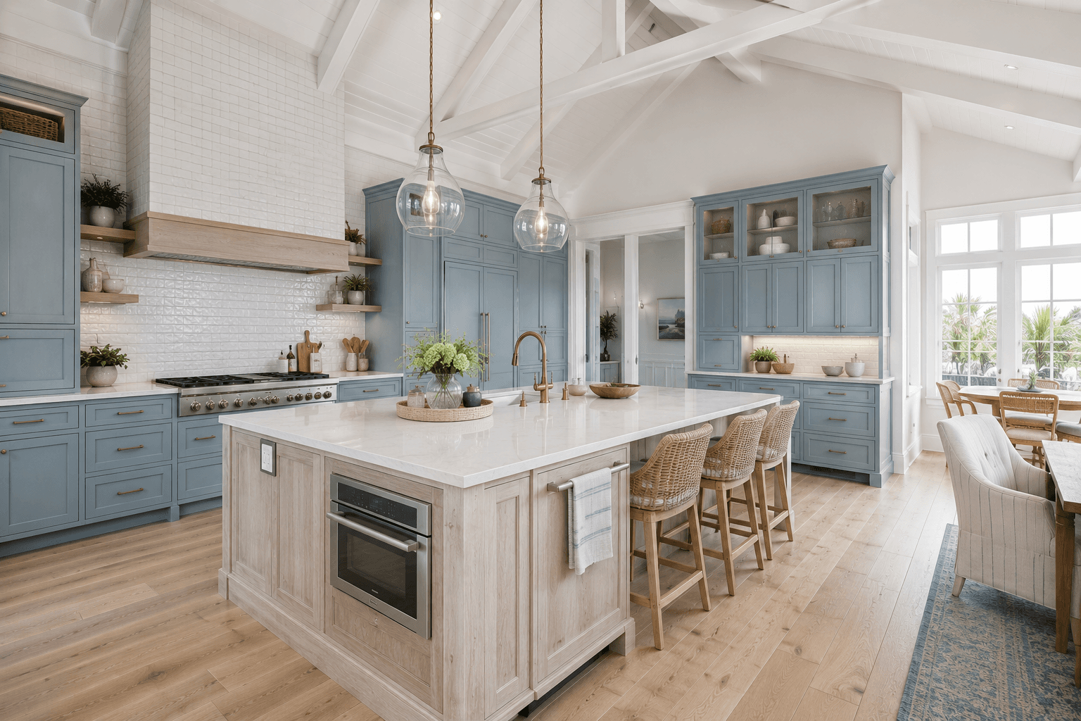 A Coastal Blue Kitchen with Vaulted Beams and Glass Pendants