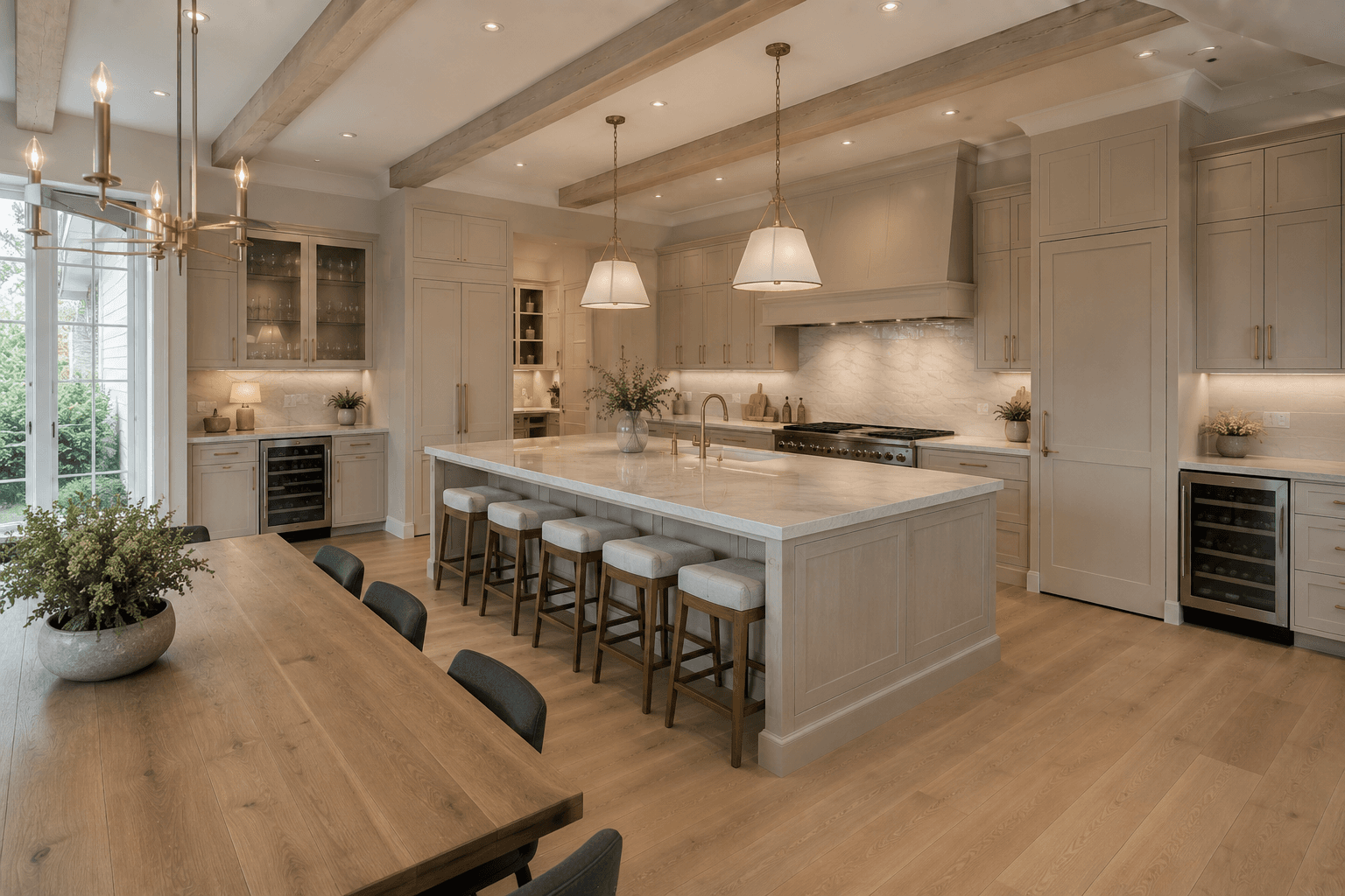 A Cream Classic Kitchen with Oak Beams and a Marble Island