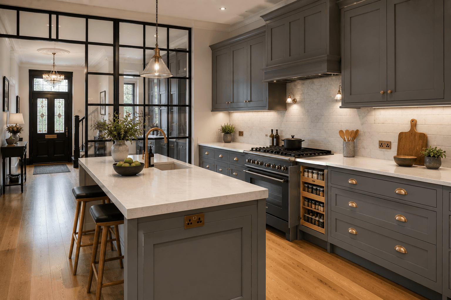 A Grey Shaker Kitchen with a Crittall Screen and Brass Pulls