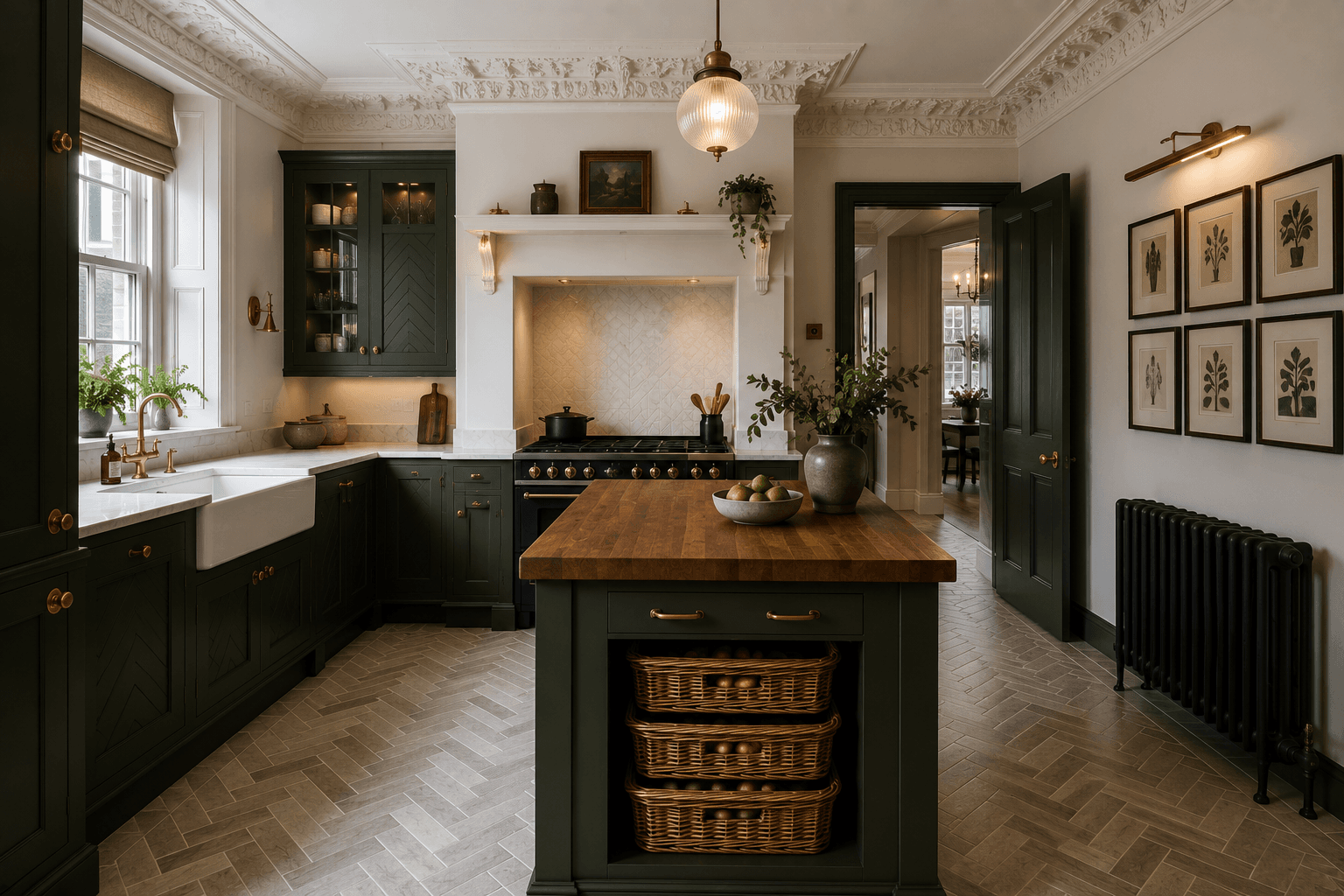 A Victorian Green Kitchen with a Butcher Block Island