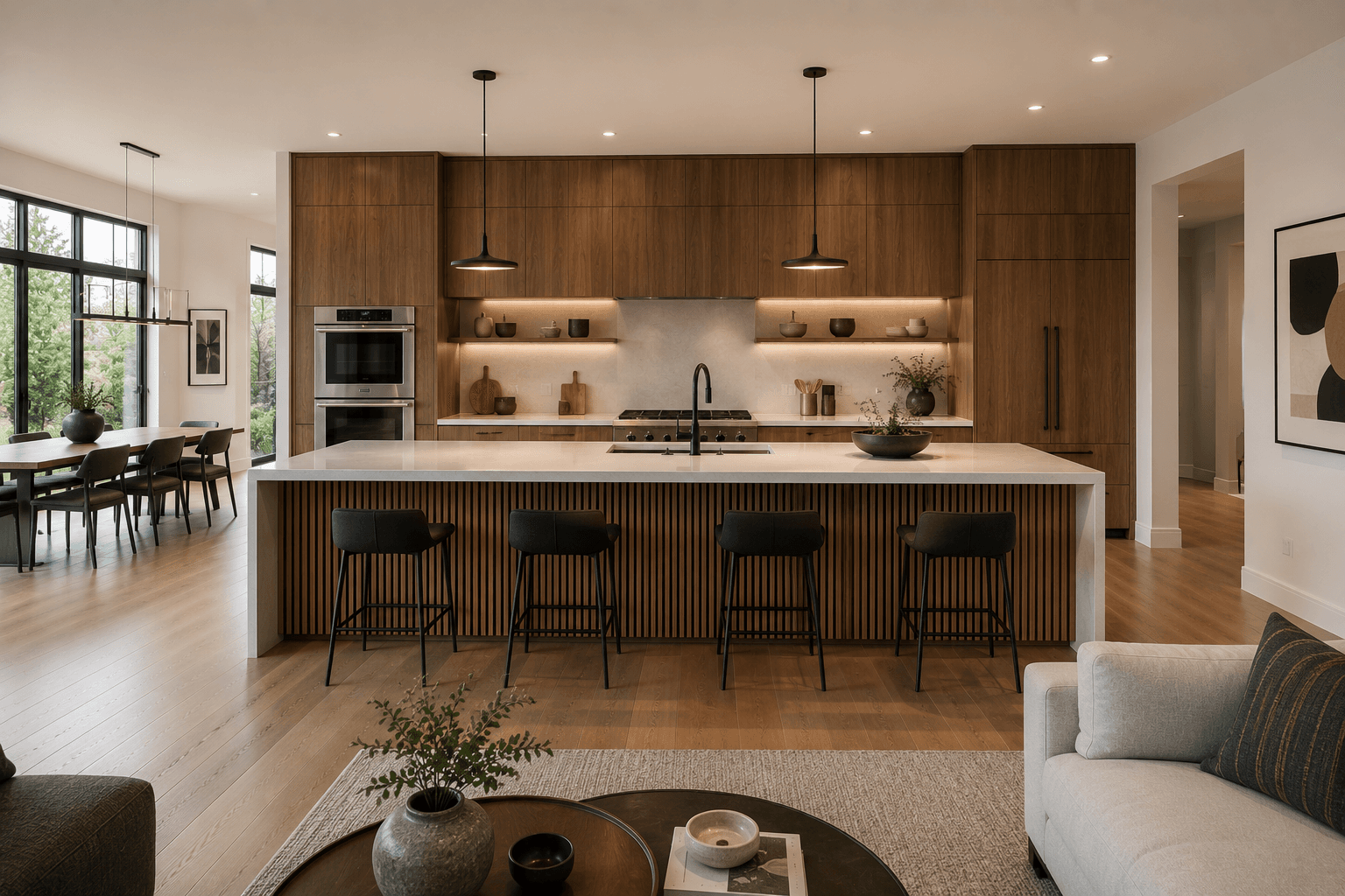 A Walnut Kitchen with a Slatted Island and Black Accents