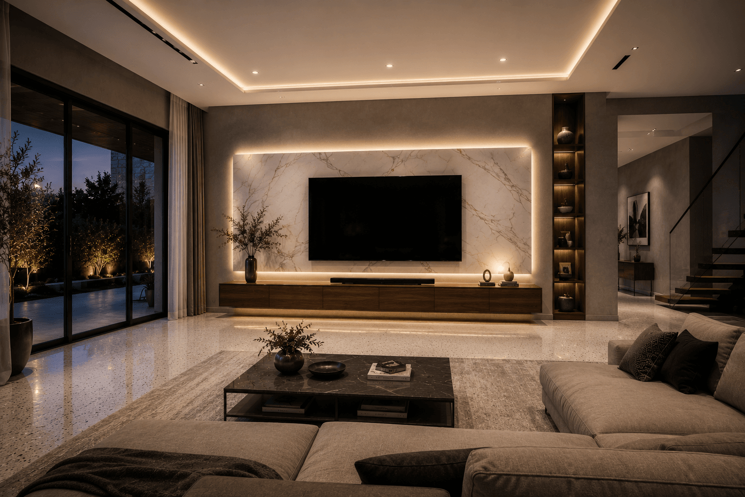 A Modern Living Room with a Backlit Marble TV Wall