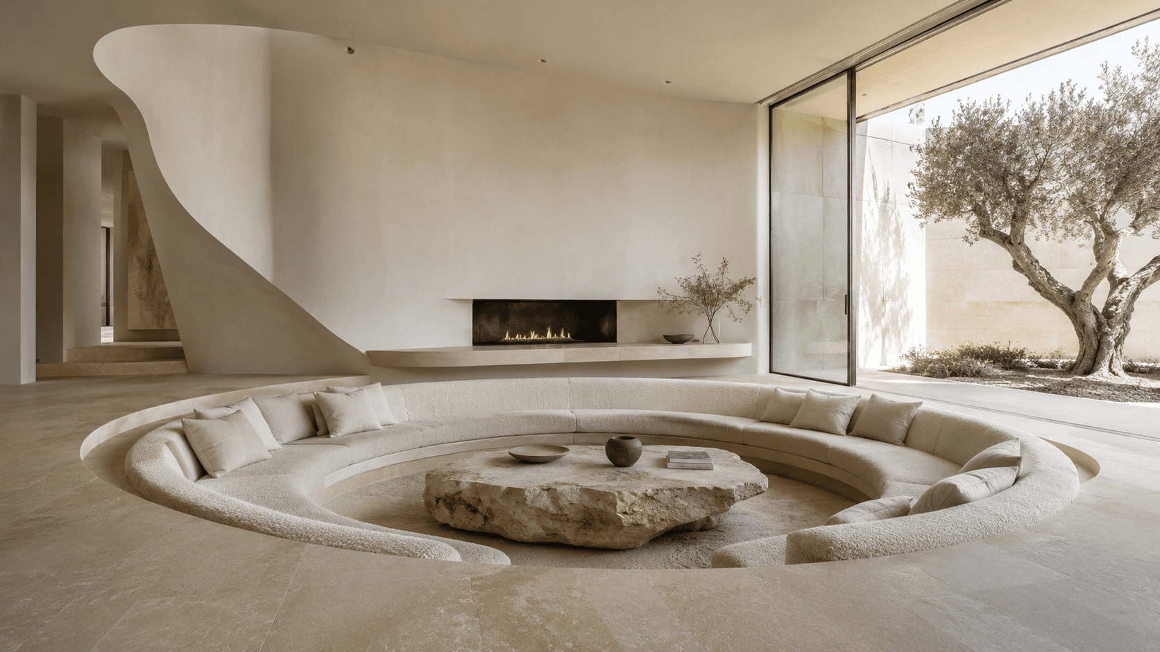 A Circular Conversation Pit Facing an Olive Tree Courtyard