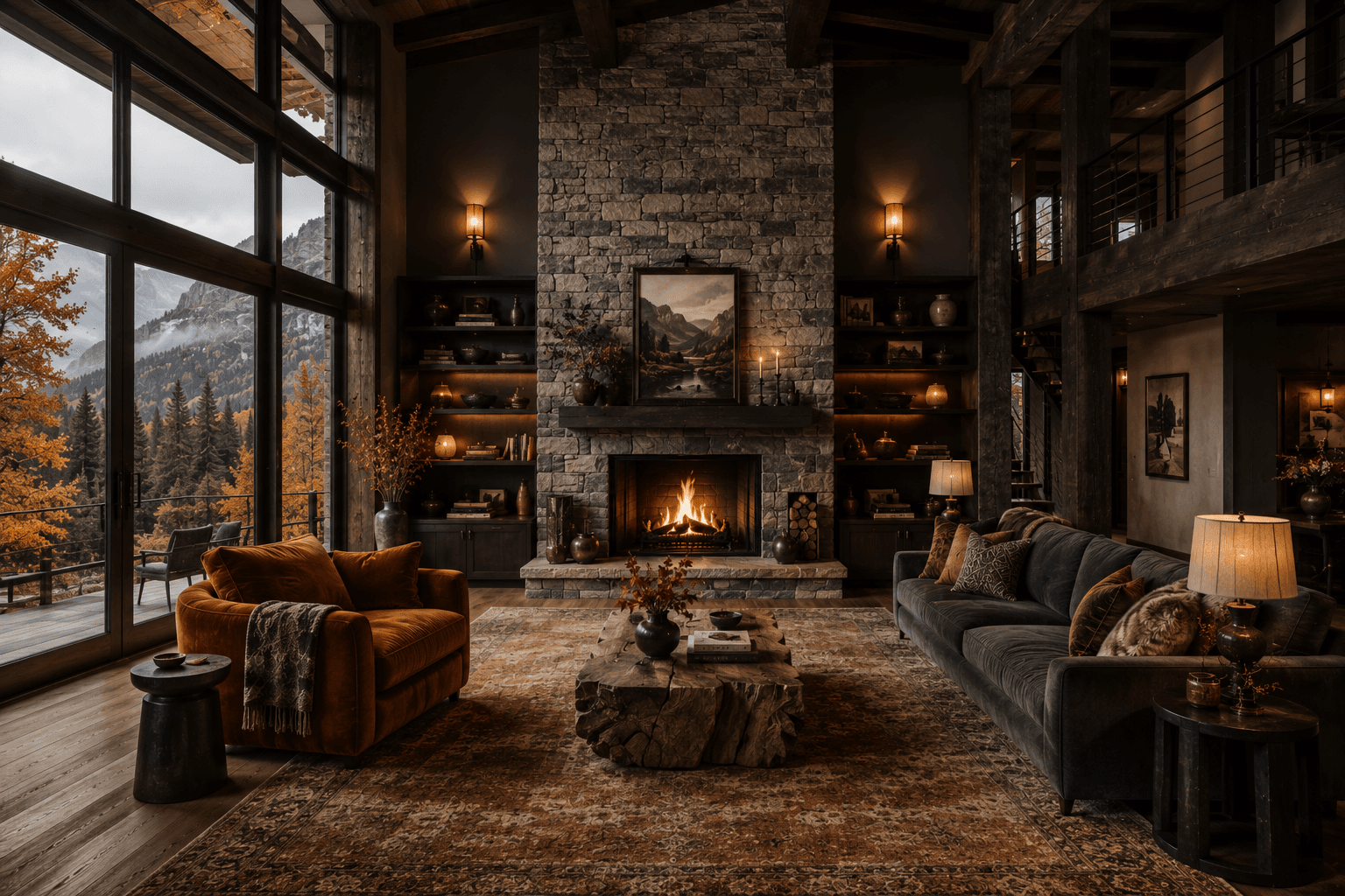 A Cozy Autumn Lodge Living Room with a Stone Fireplace