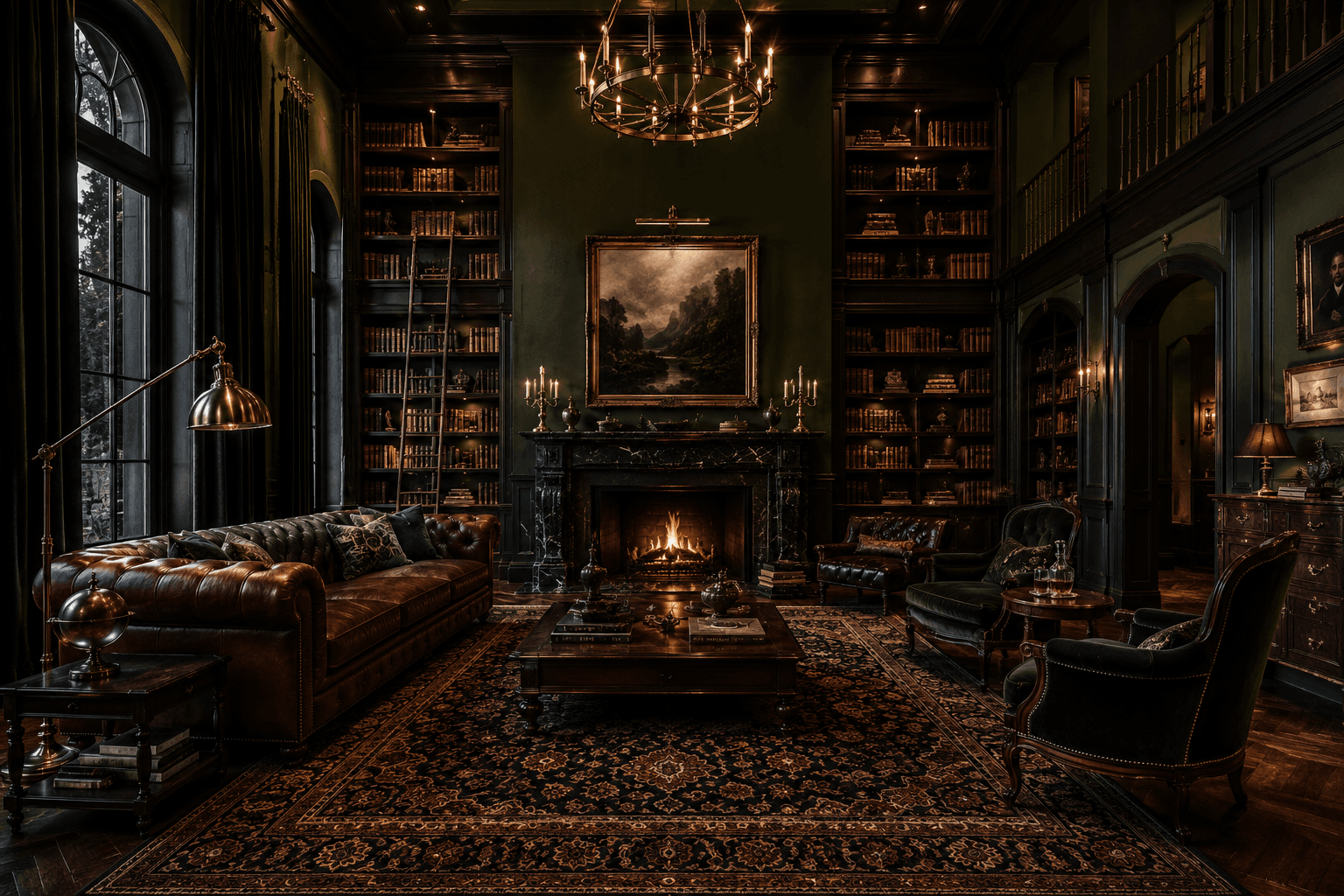 A Dark Academia Library Living Room with a Marble Fireplace