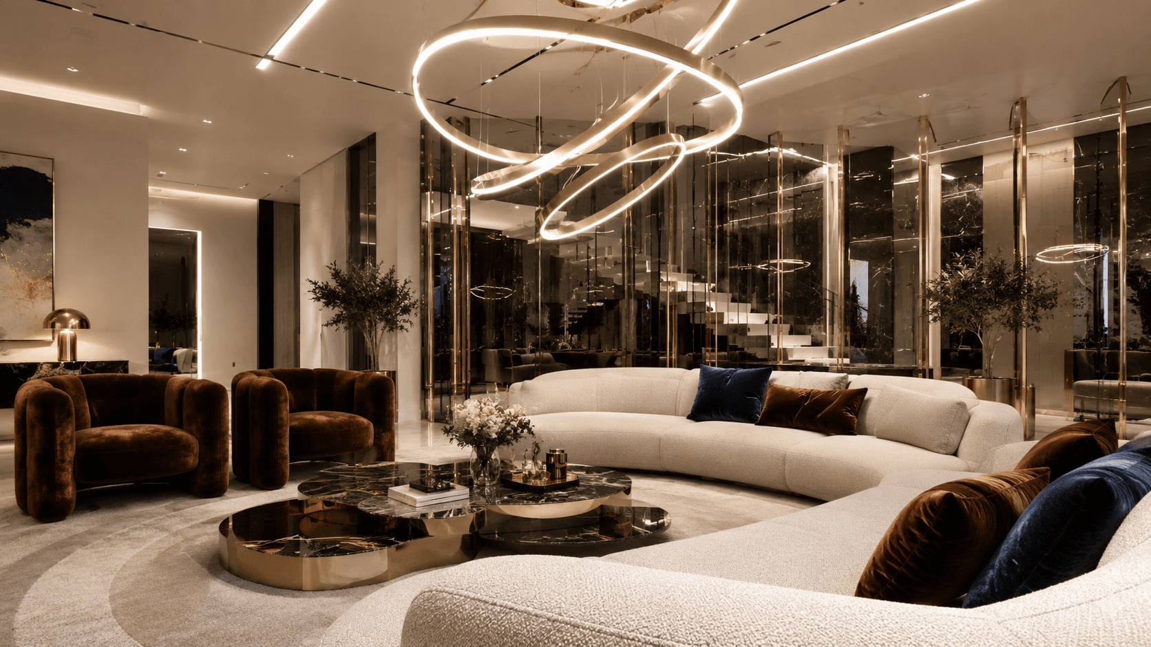 A Modern Luxury Living Room in Cream, Bronze and Gold