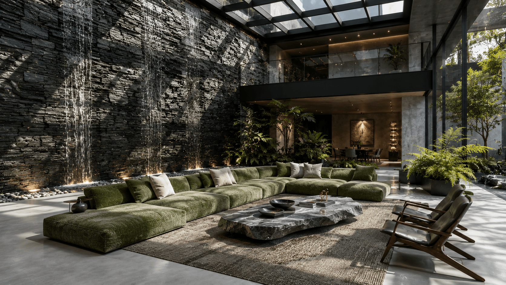 A Slate Waterfall Wall in a Glass-Roof Atrium Lounge
