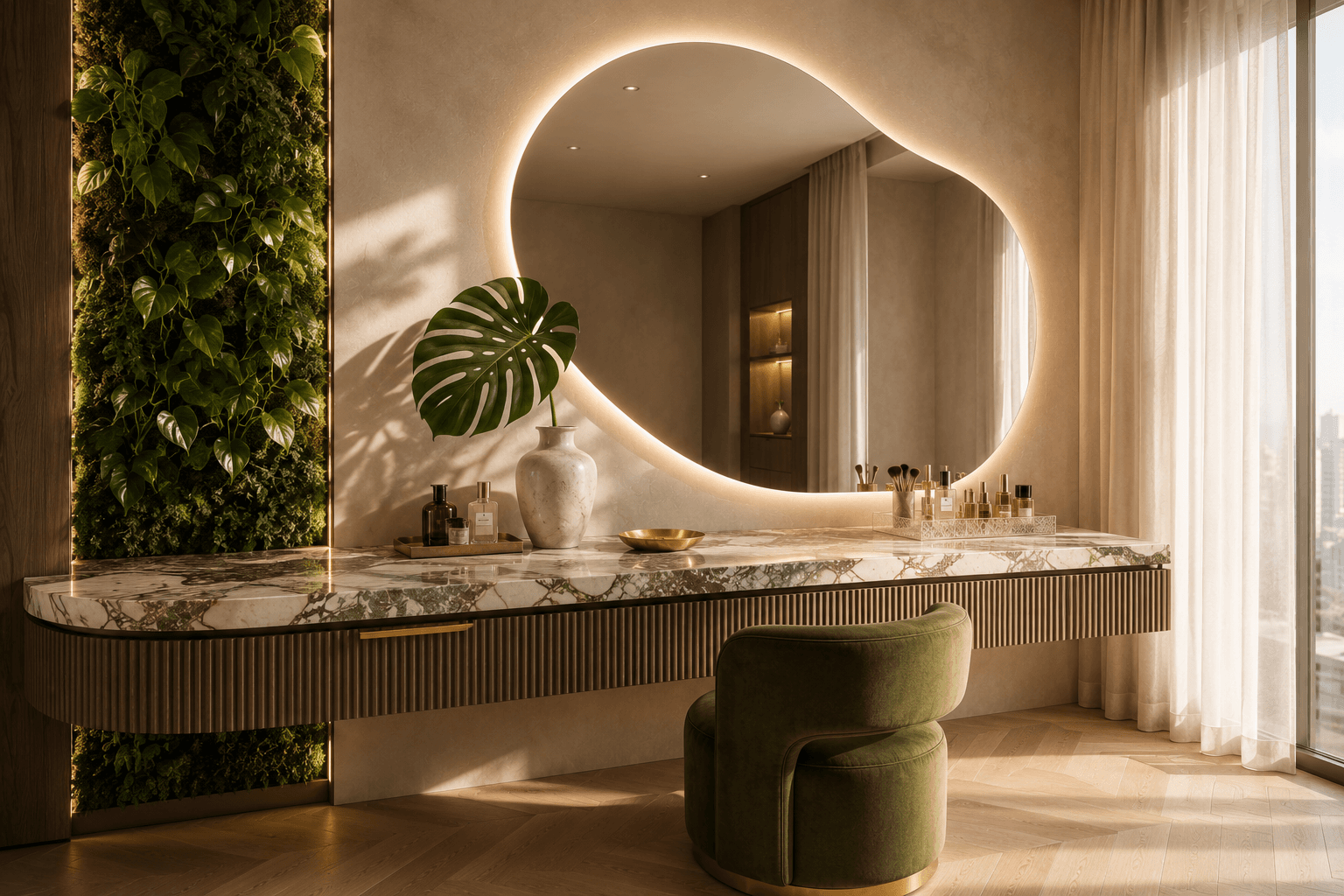 A Biophilic Vanity with a Living Green Wall and Breccia Marble