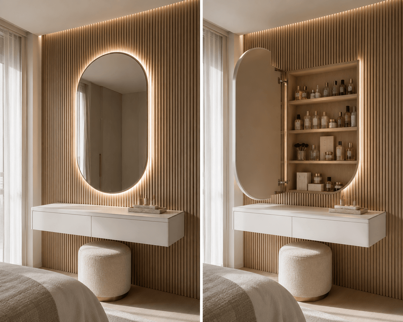 A Hidden-Storage Mirror Vanity on a Fluted Oak Wall