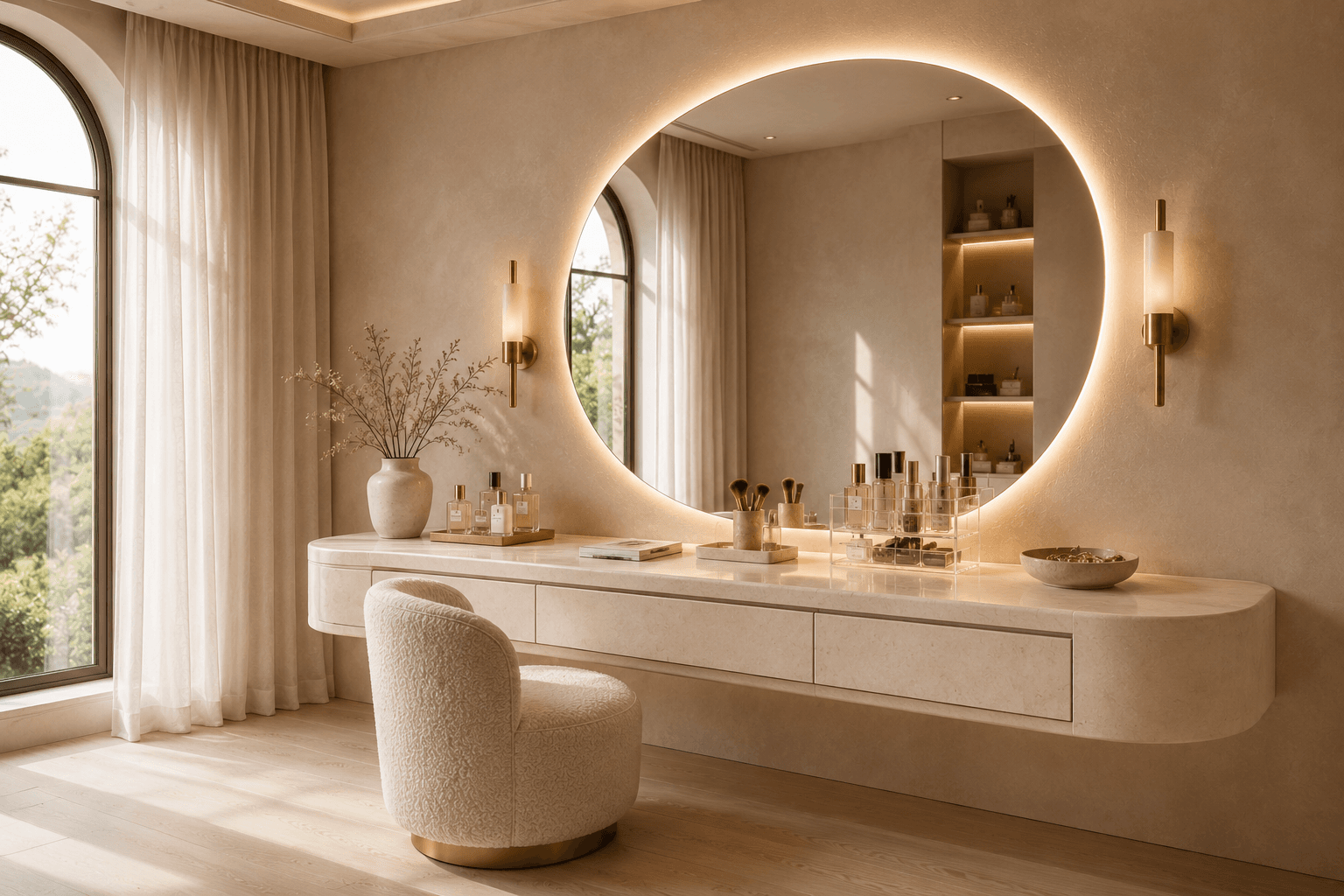 A Limestone Vanity with a Giant Oval Halo and Brass Sconces