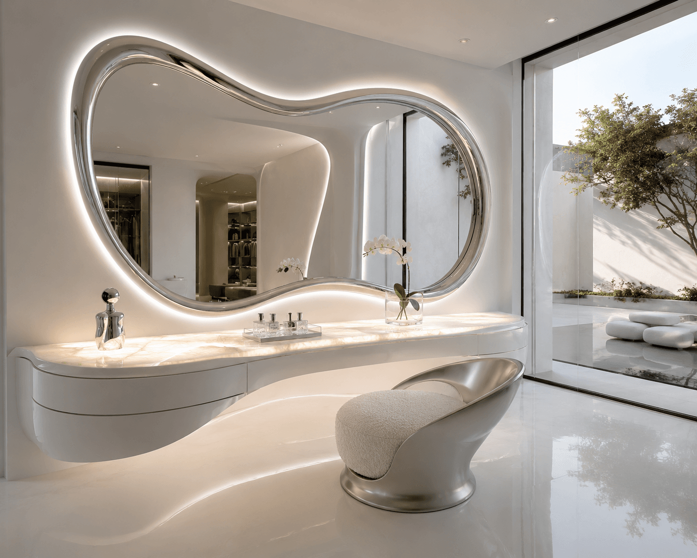 A Liquid Chrome Vanity with Backlit Onyx in Pure White