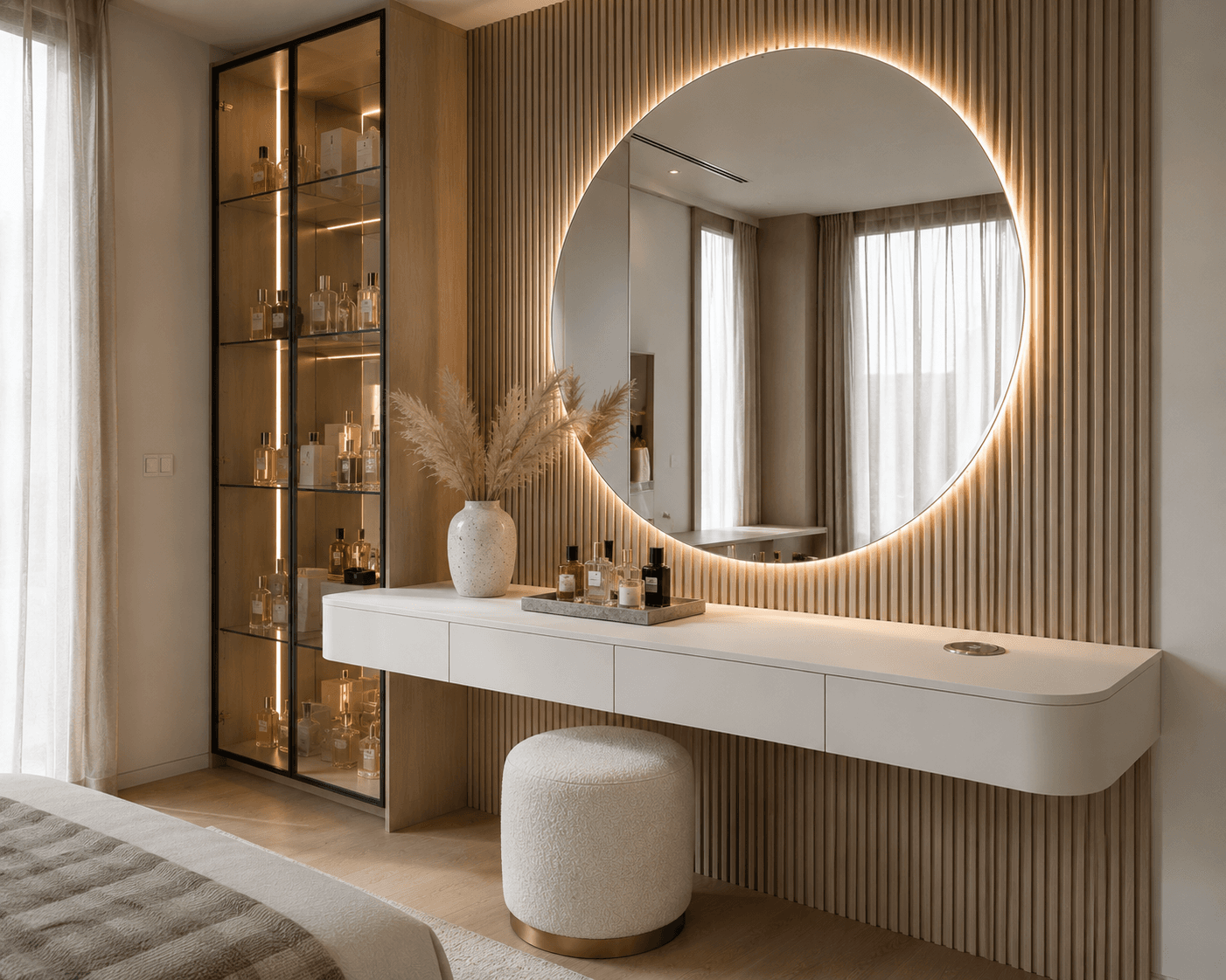 An Oak Slat Vanity with a Lit Perfume Cabinet Wall
