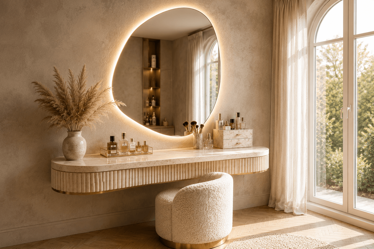 A Cream Vanity with an Organic Pebble Mirror and Pampas Light