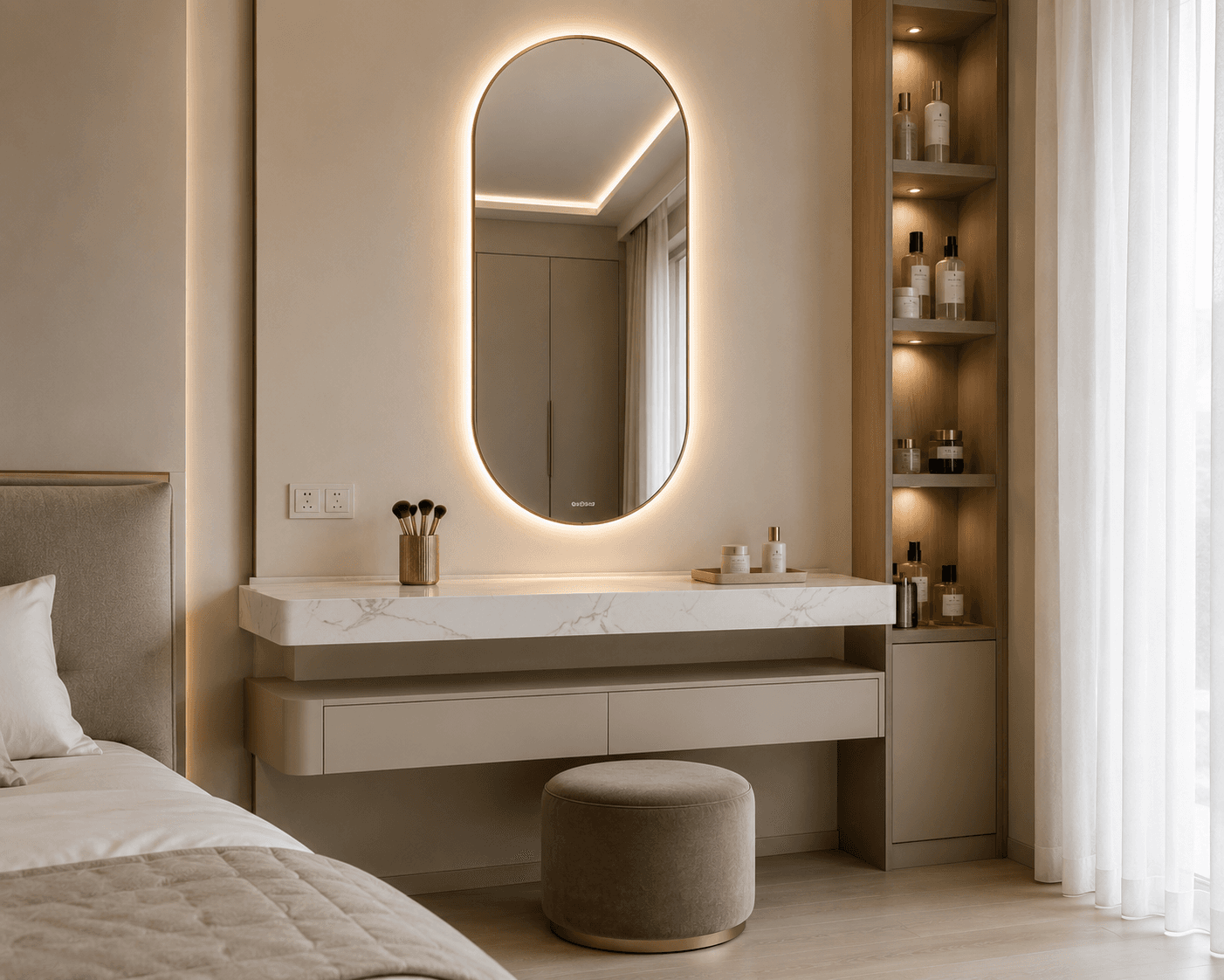 A Pill Mirror Vanity in Greige with a Lit Shelf Tower