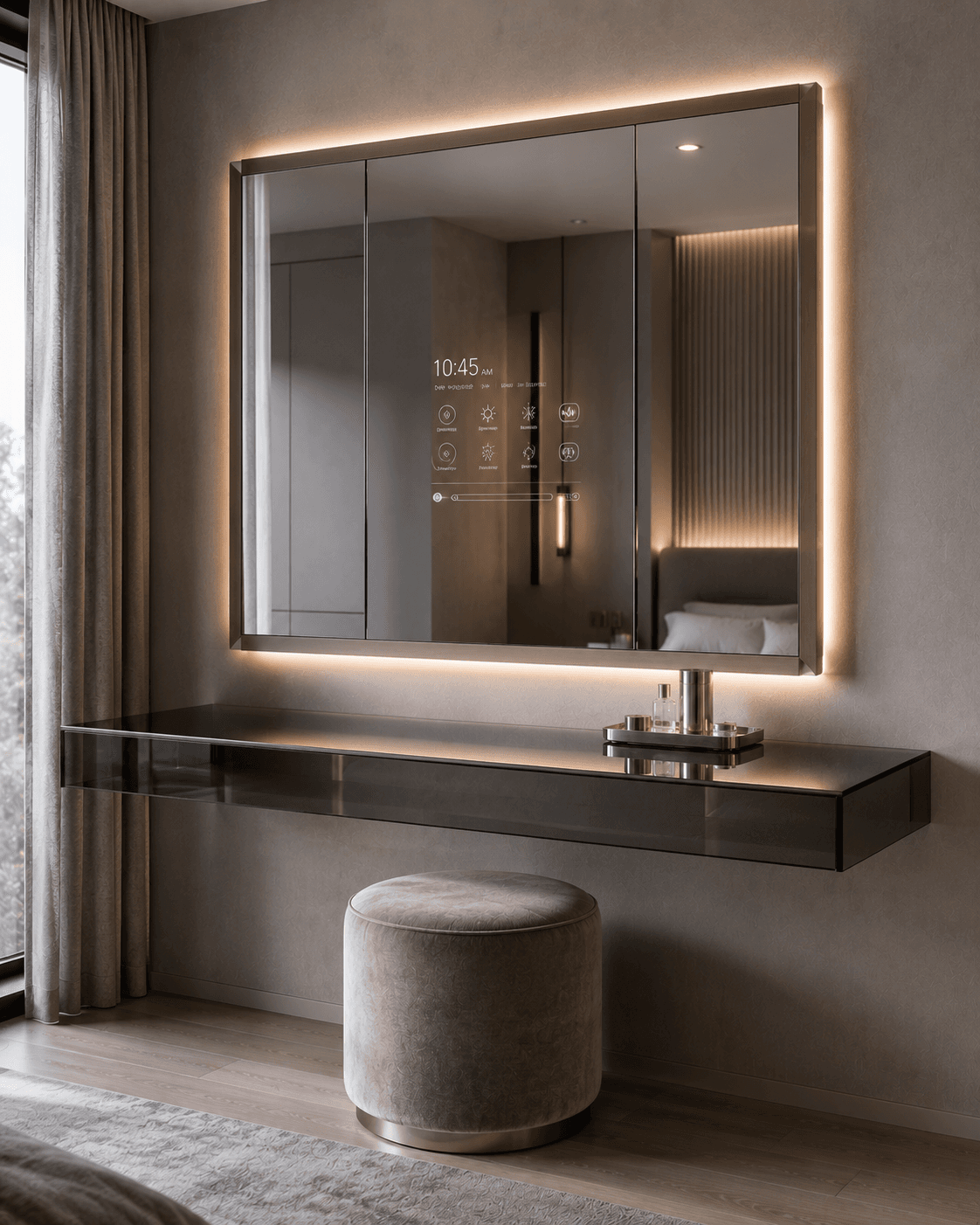 A Smart Mirror Vanity with a Smoked Glass Floating Console
