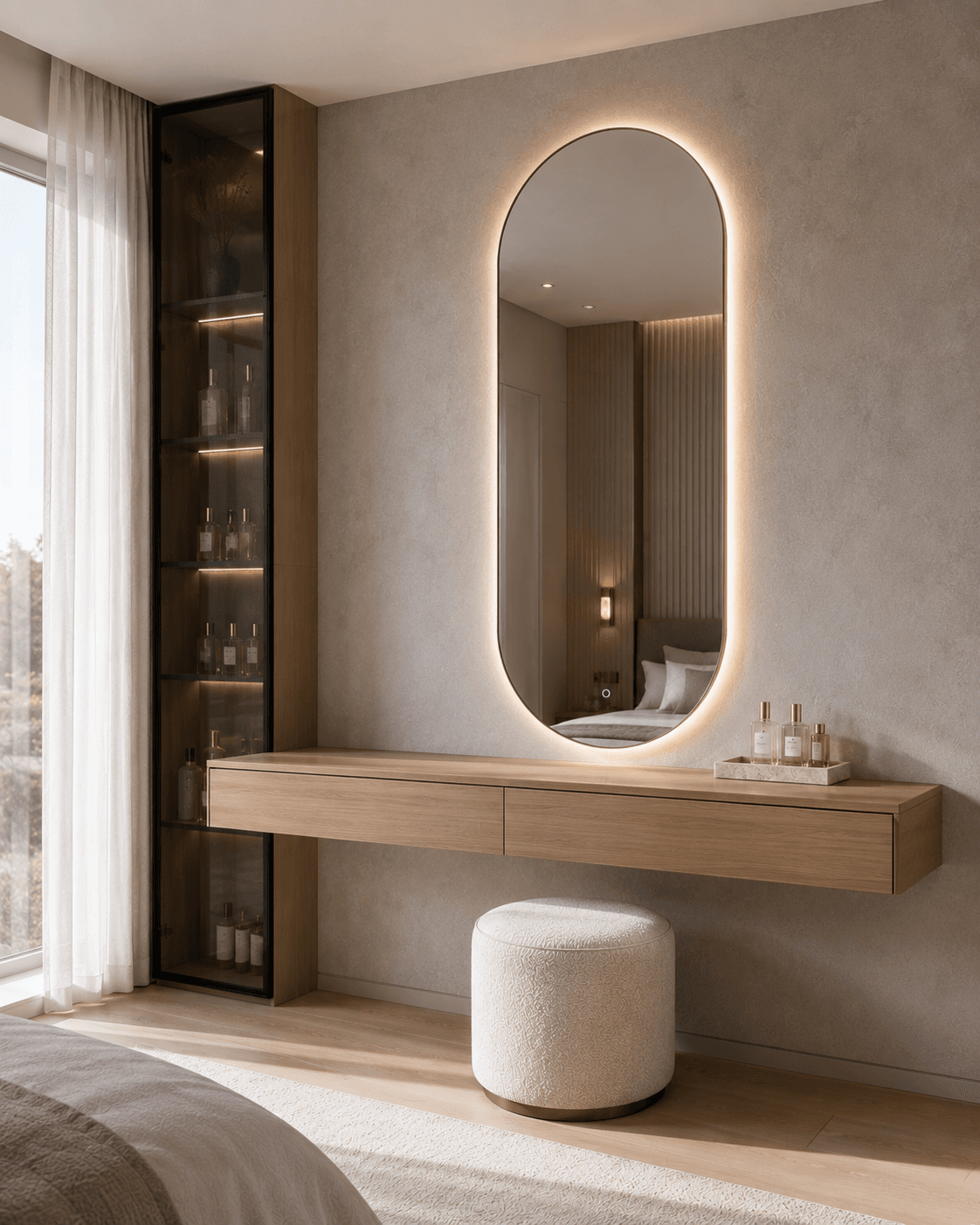 A Tall Oval Mirror Vanity with an Oak Console and Glass Tower