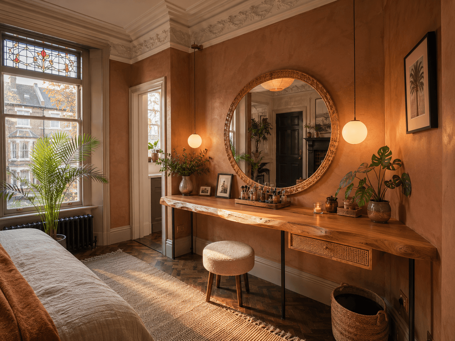 A Terracotta Vanity with a Live-Edge Desk & Rattan Mirror